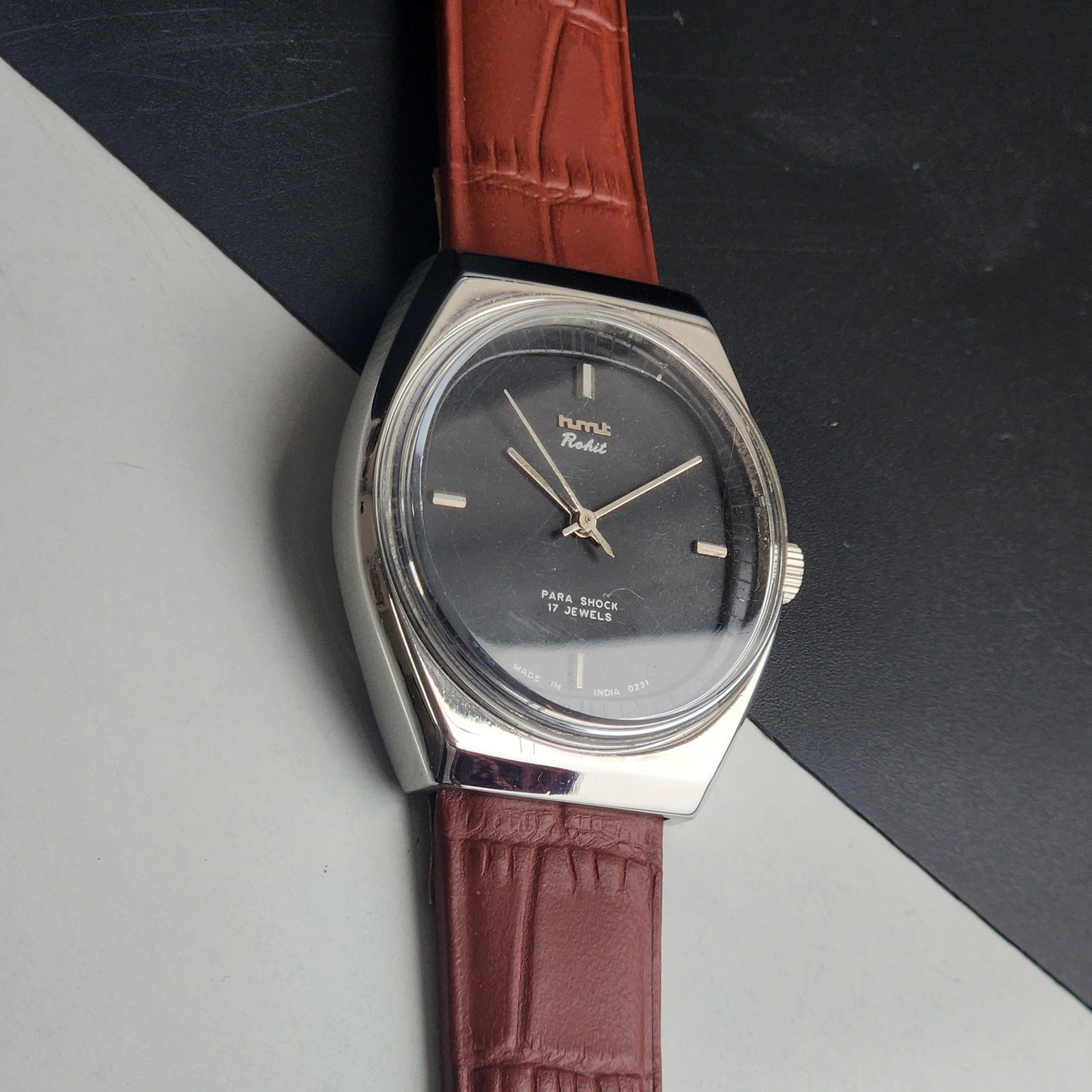 Vintage Original HMT Rohit Hand Winding 17 Jewels Black Face Tan Leather Strap Men's Wrist Watch I33