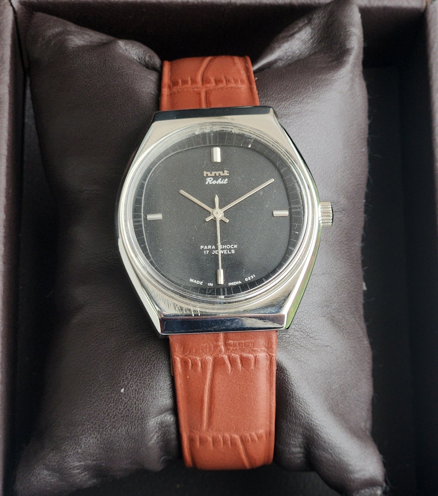 Vintage Original HMT Rohit Hand Winding 17 Jewels Black Face Tan Leather Strap Men's Wrist Watch I33
