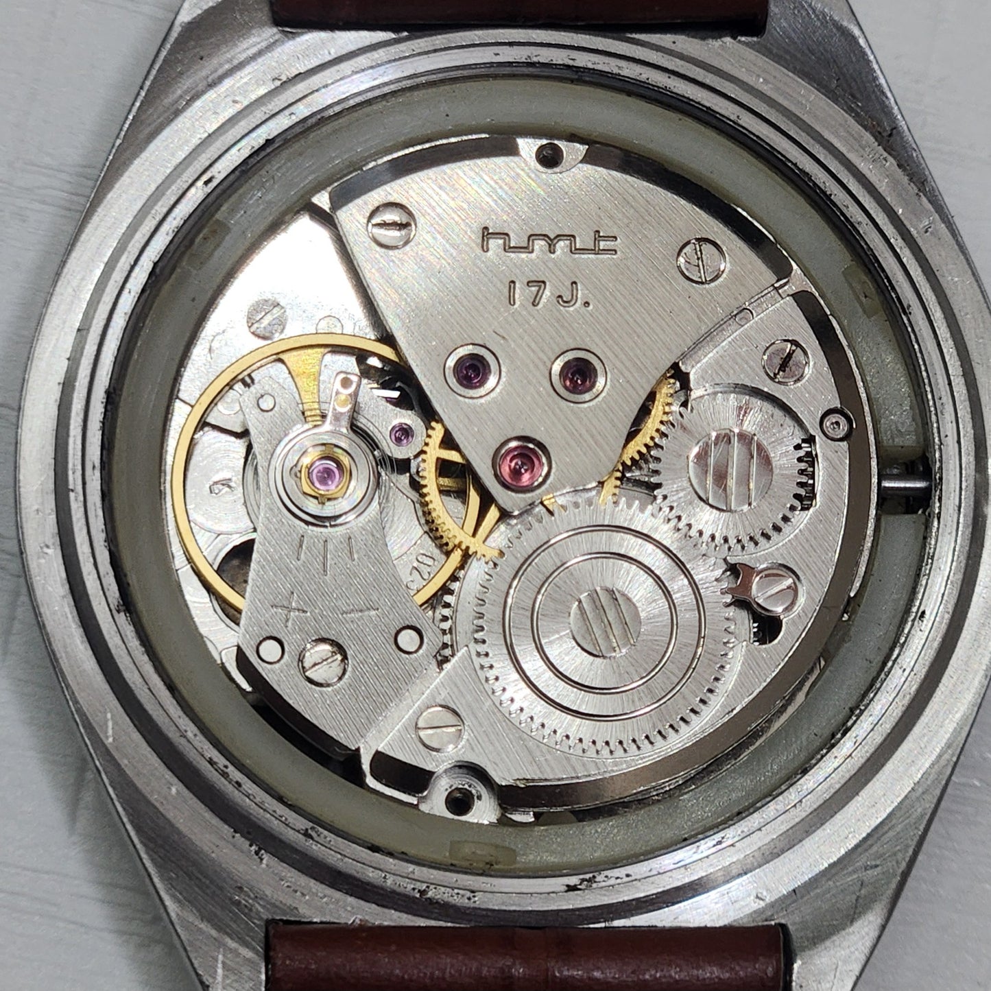 Vintage Original HMT Kohinoor Hand Winding 17 Jewels White Face Tan Leather Strap Men's Wrist Watch I14