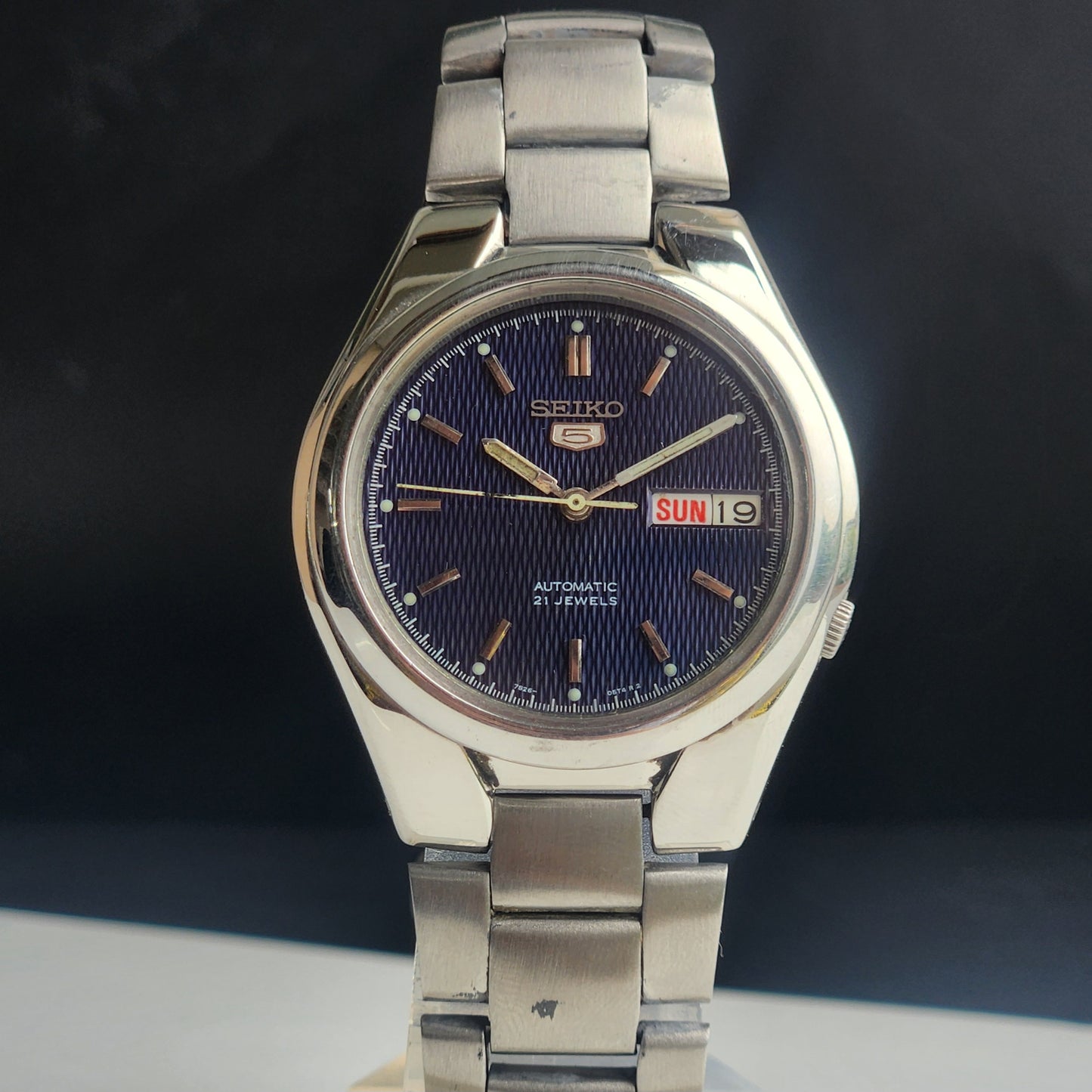 Vintage Original Seiko 5 Automatic 7S26-03S0 Blue Face 21 Jewels With Exhibition Back Day-Date Japanese Men's Wrist Watch I49