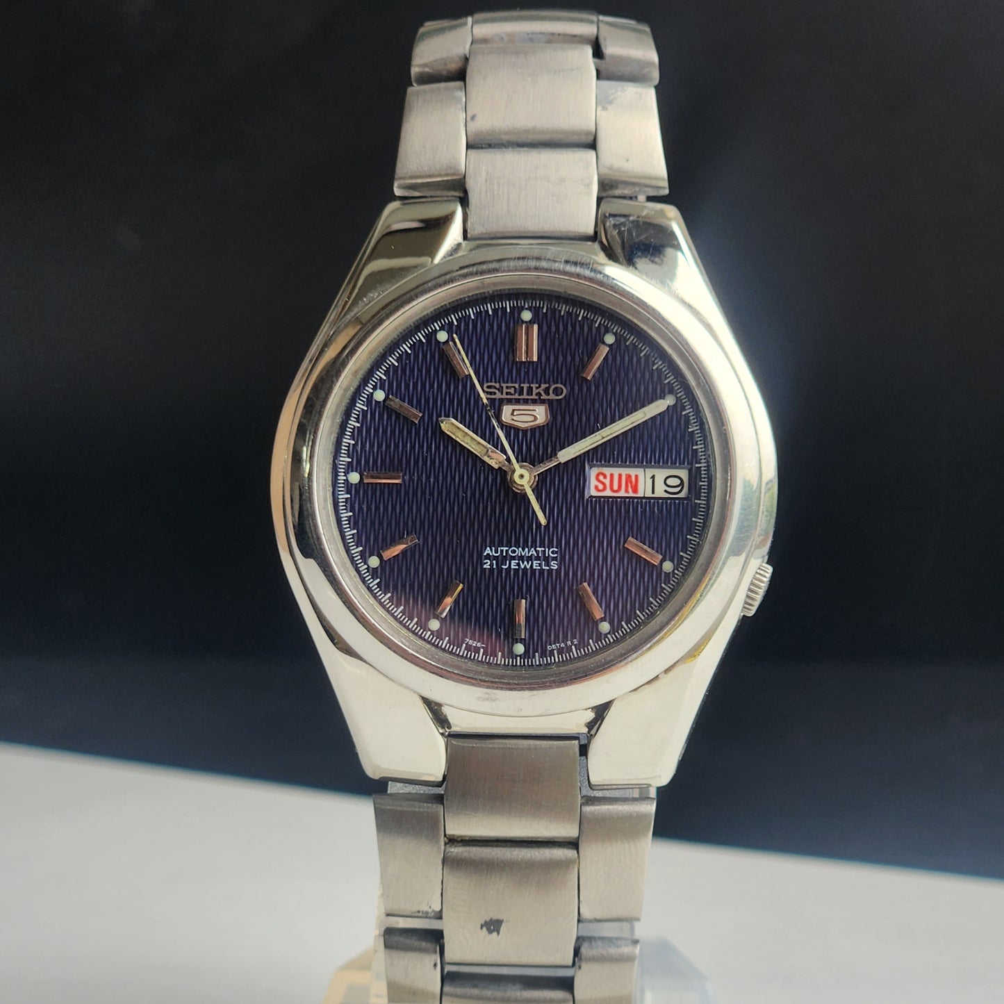 Vintage Original Seiko 5 Automatic 7S26-03S0 Blue Face 21 Jewels With Exhibition Back Day-Date Japanese Men's Wrist Watch I49