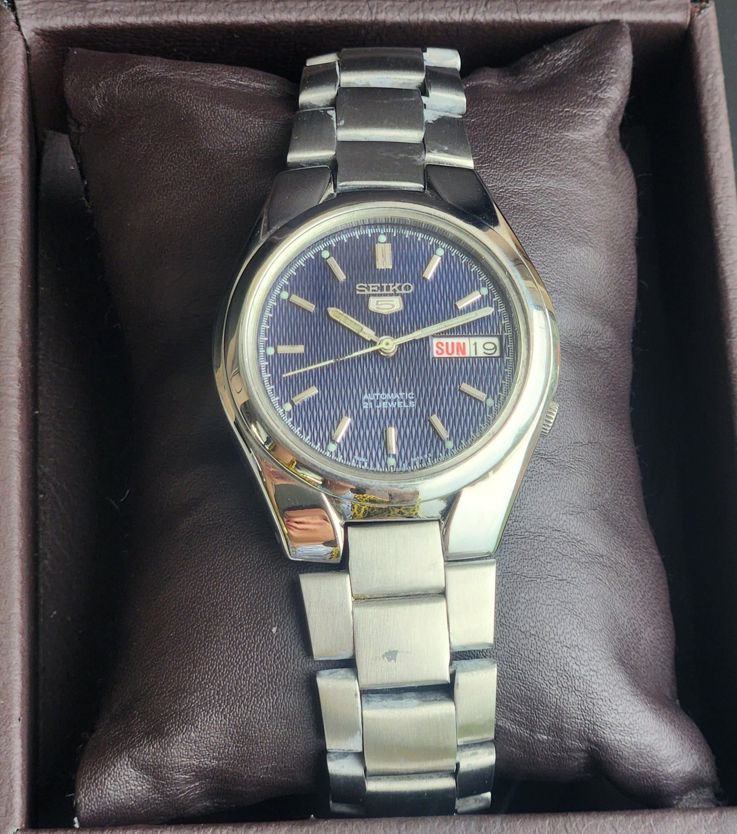 Vintage Original Seiko 5 Automatic 7S26-03S0 Blue Face 21 Jewels With Exhibition Back Day-Date Japanese Men's Wrist Watch I49