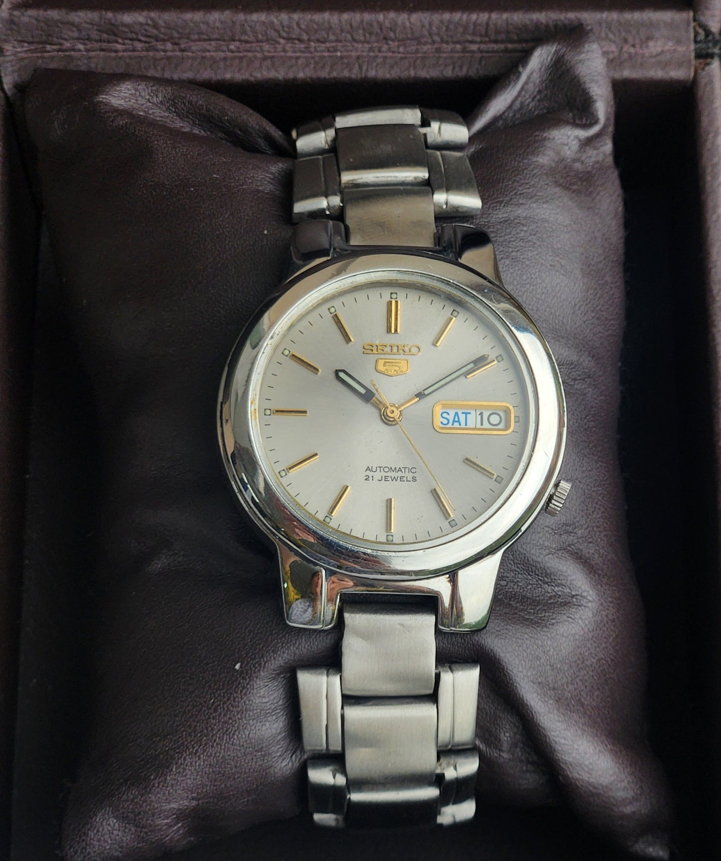 Vintage Original Seiko 5 Automatic 7S26-0500 Grey Face 21 Jewels With Exhibition Back Day-Date Japanese Men's Wrist Watch I55