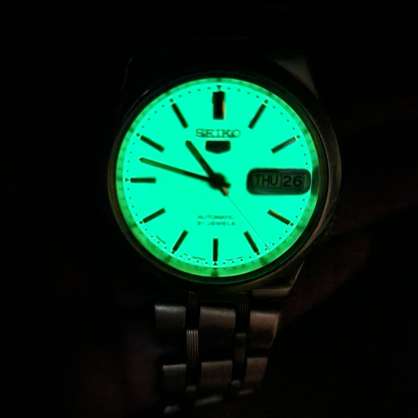 Vintage Original Seiko 5 Automatic 7S26-02L0 Lume Face 21 Jewels With Exhibition Back Day-Date Japanese Men's Wrist Watch I48