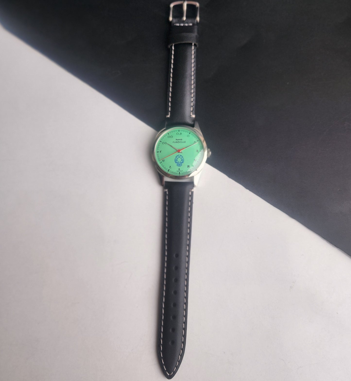 Vintage MOD HMT Gandaberunda Hand Winding 17 Jewels Tiffany Blue Face Black Band Men's Wrist Watch B41