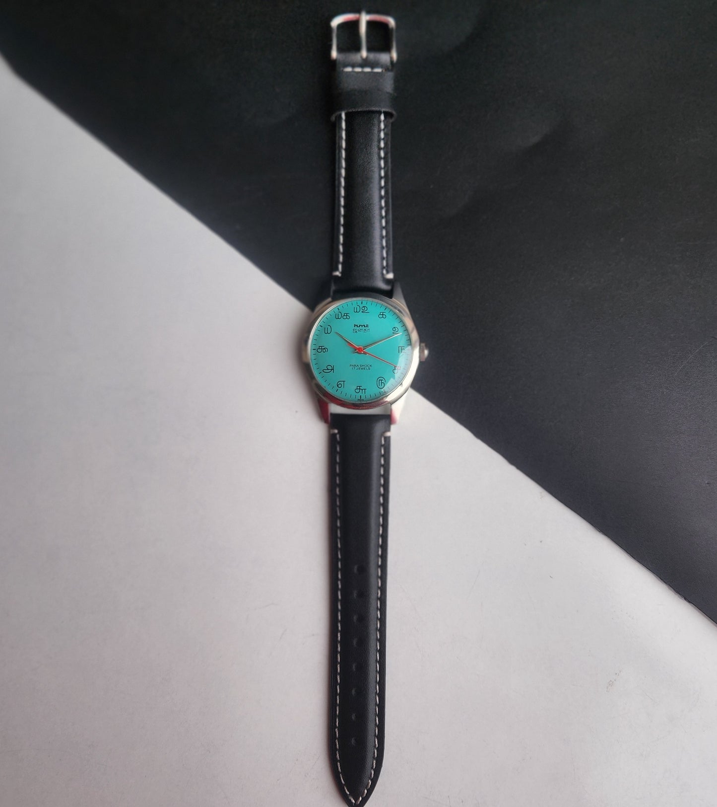 Vintage MOD HMT Janata Tamil Hand Winding 17 Jewels Sea Green Face 35mm Silver Case With Black Leather Strap Men's Wrist Watch I82
