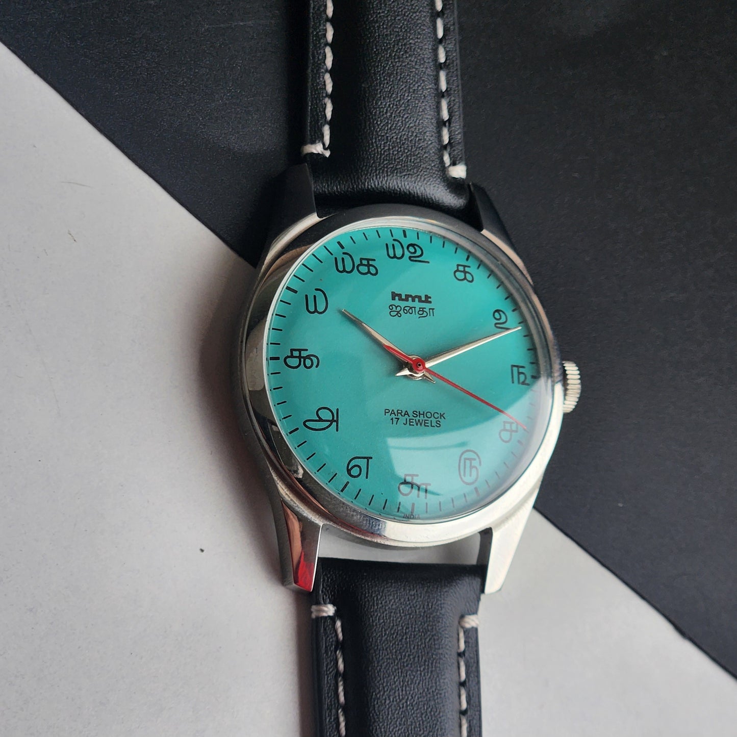 Vintage MOD HMT Janata Tamil Hand Winding 17 Jewels Sea Green Face 35mm Silver Case With Black Leather Strap Men's Wrist Watch I82