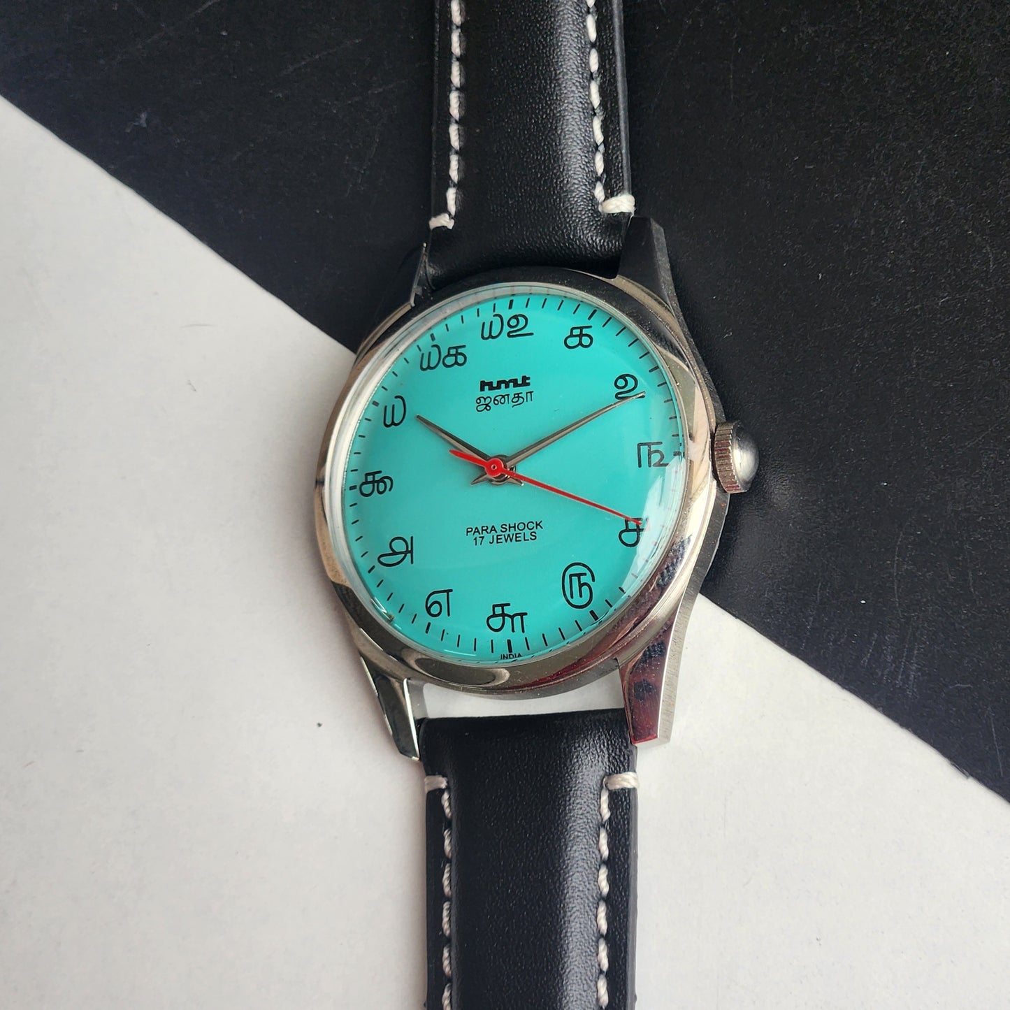 Vintage MOD HMT Janata Tamil Hand Winding 17 Jewels Sea Green Face 35mm Silver Case With Black Leather Strap Men's Wrist Watch I82