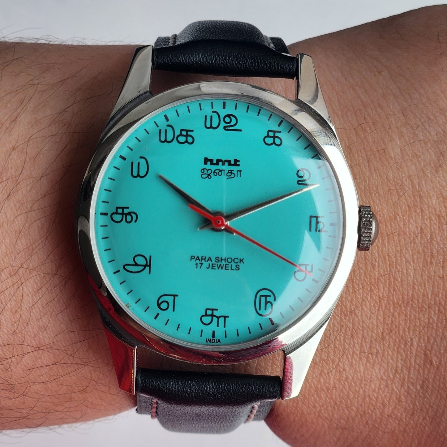 Vintage MOD HMT Janata Tamil Hand Winding 17 Jewels Sea Green Face 35mm Silver Case With Black Leather Strap Men's Wrist Watch I82