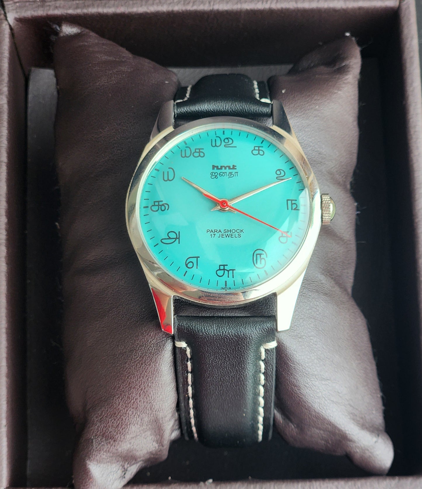 Vintage MOD HMT Janata Tamil Hand Winding 17 Jewels Sea Green Face 35mm Silver Case With Black Leather Strap Men's Wrist Watch I82