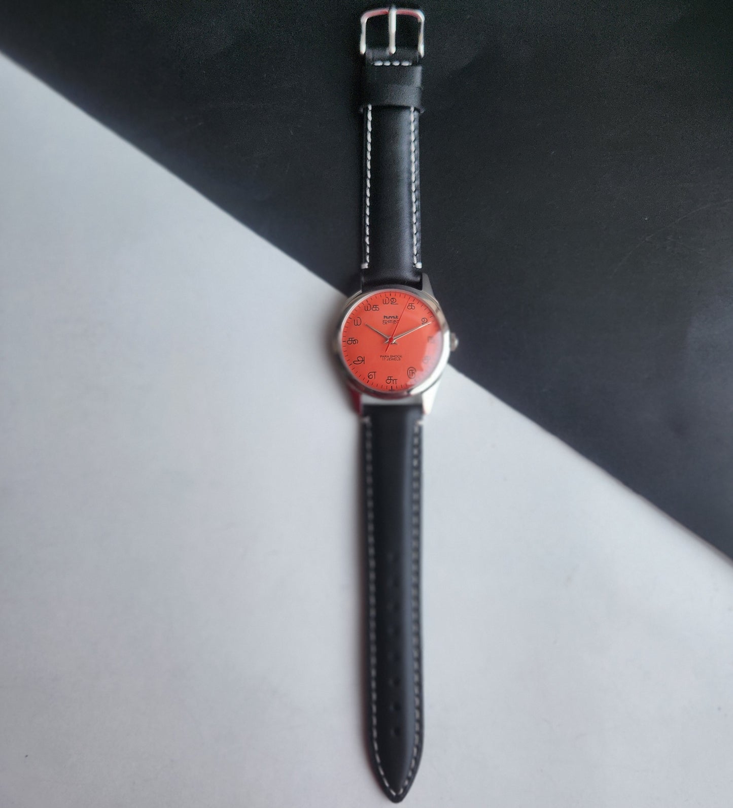 Vintage MOD HMT Janata Tamil Hand Winding 17 Jewels Peach Face 35mm Silver Case With Black Leather Strap Men's Wrist Watch I83