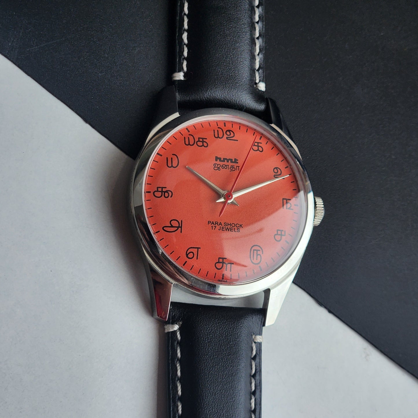 Vintage MOD HMT Janata Tamil Hand Winding 17 Jewels Peach Face 35mm Silver Case With Black Leather Strap Men's Wrist Watch I83