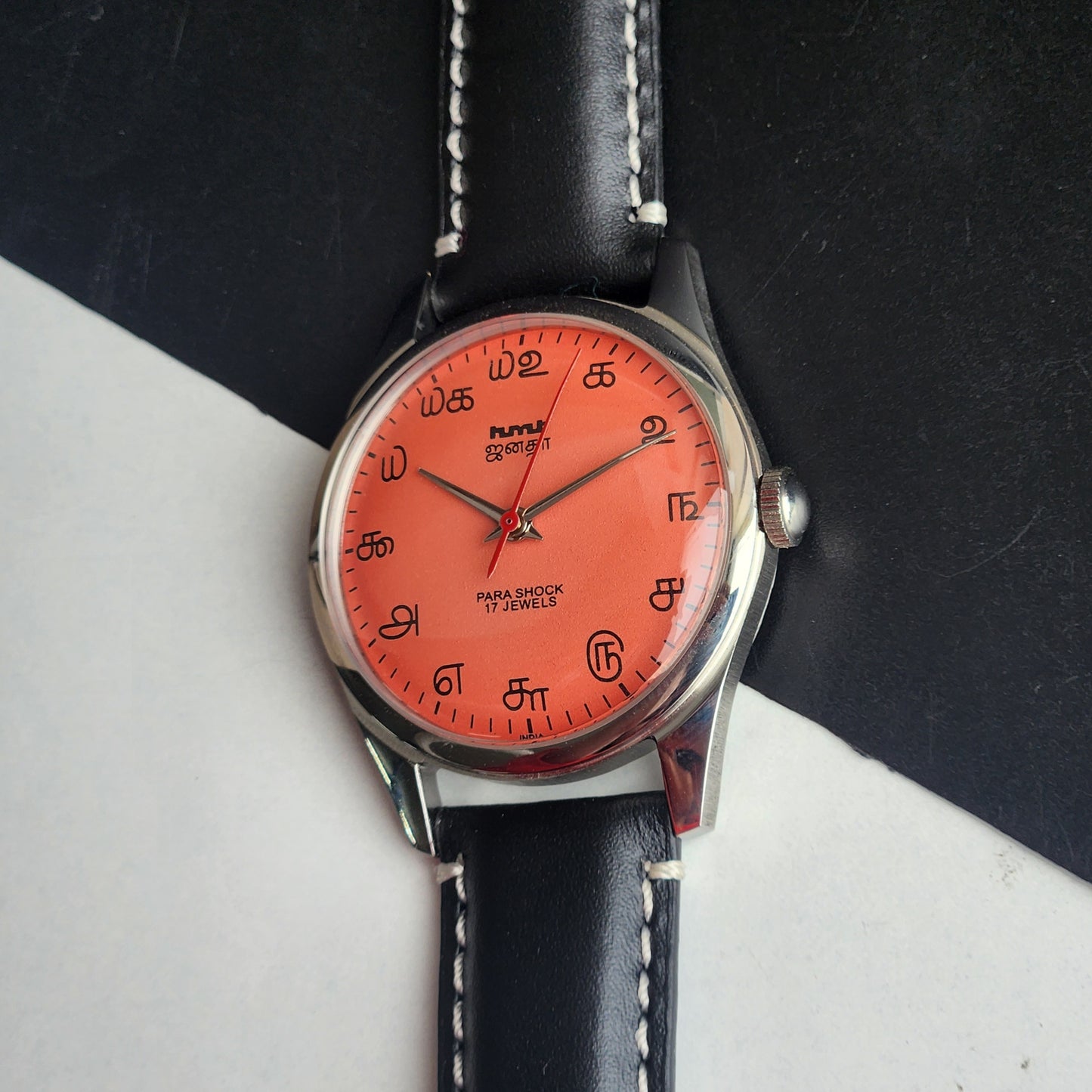 Vintage MOD HMT Janata Tamil Hand Winding 17 Jewels Peach Face 35mm Silver Case With Black Leather Strap Men's Wrist Watch I83