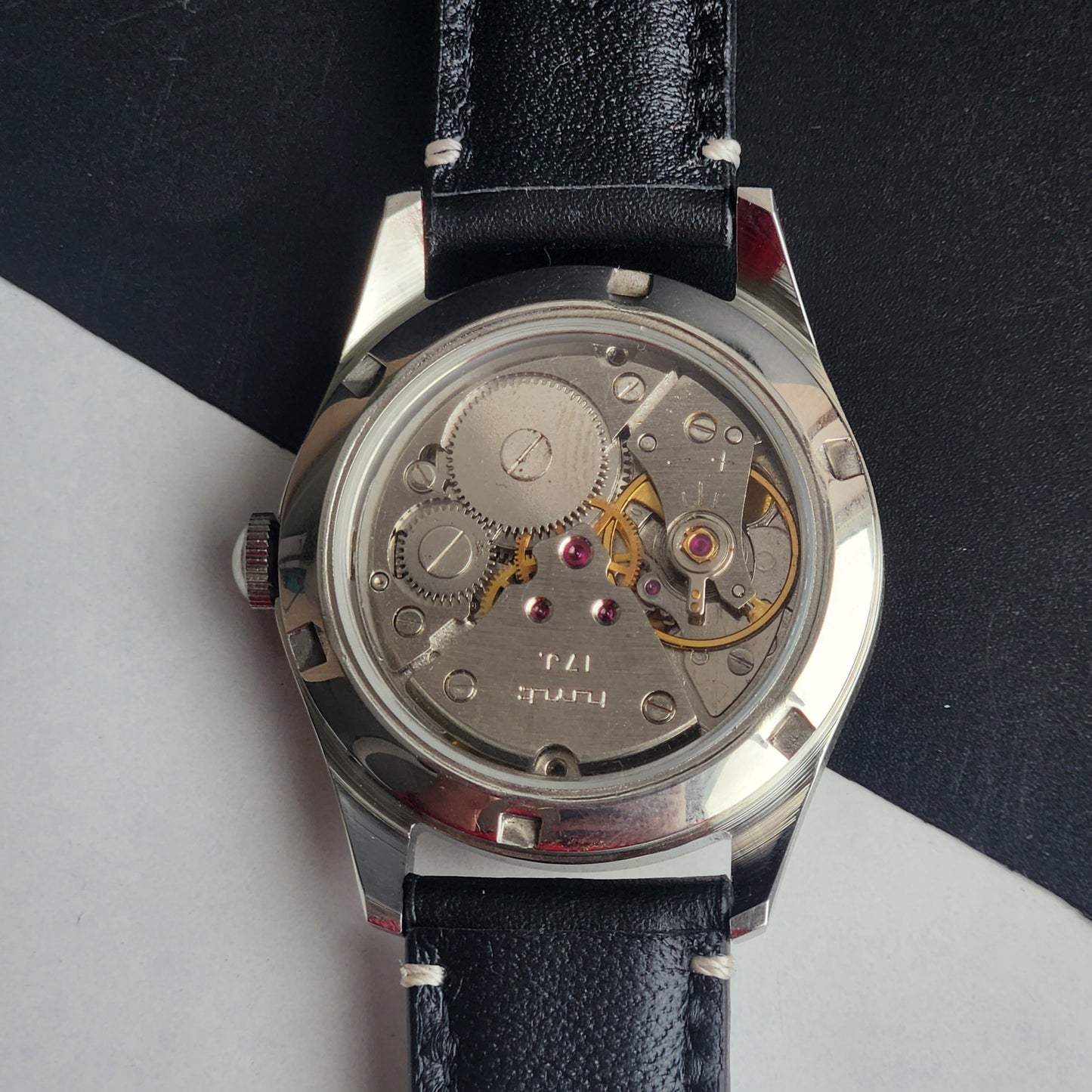 Vintage MOD HMT Janata Tamil Hand Winding 17 Jewels Peach Face 35mm Silver Case With Black Leather Strap Men's Wrist Watch I83