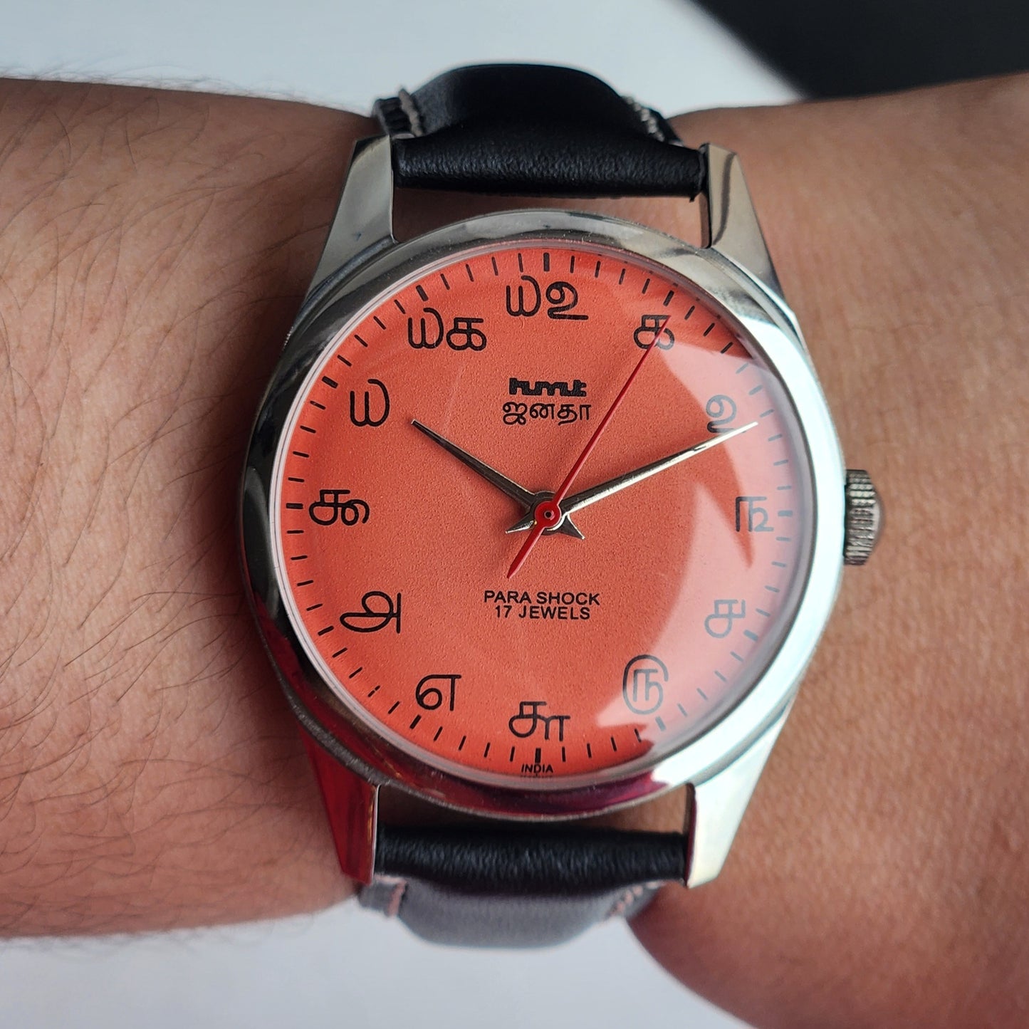 Vintage MOD HMT Janata Tamil Hand Winding 17 Jewels Peach Face 35mm Silver Case With Black Leather Strap Men's Wrist Watch I83