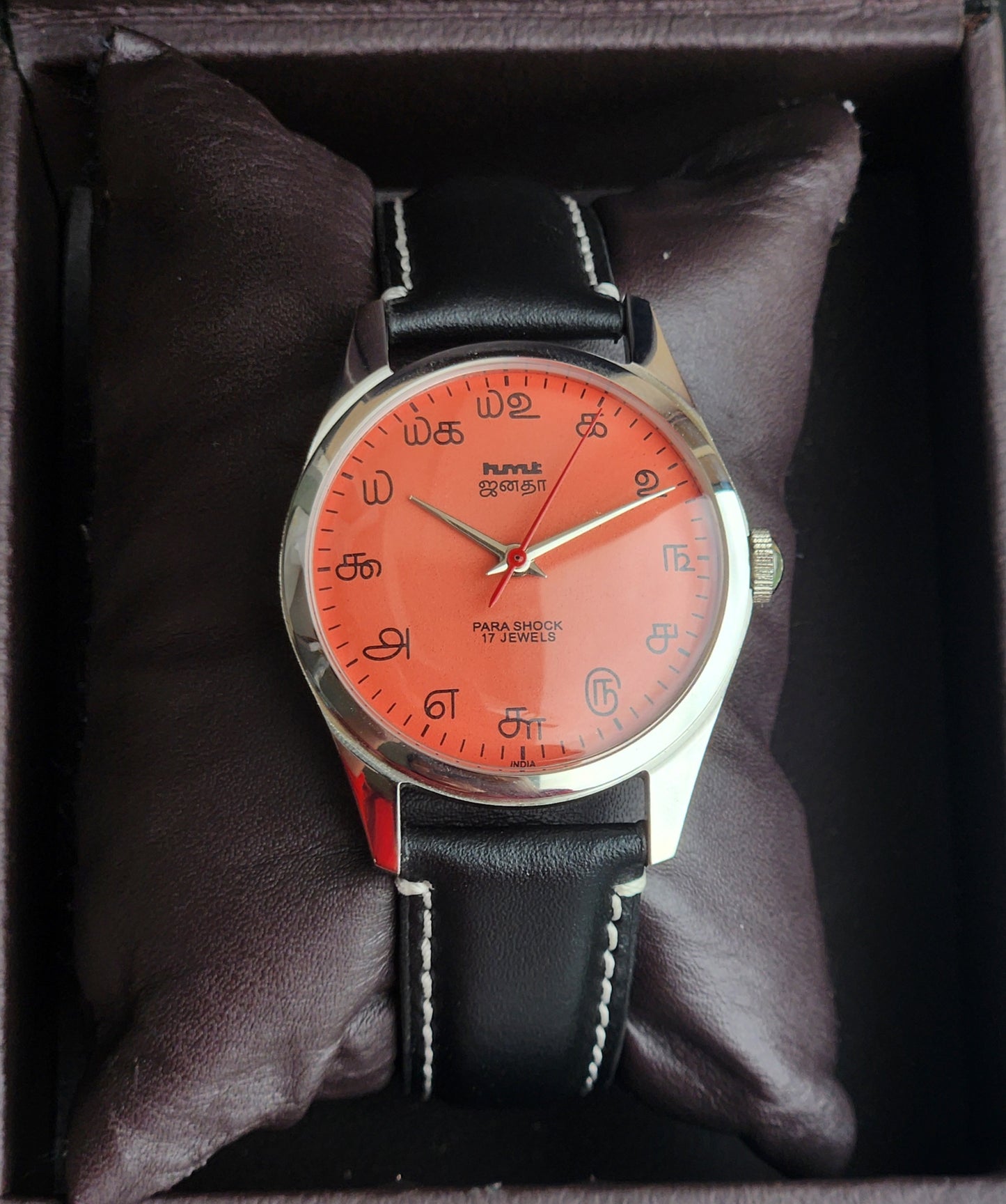 Vintage MOD HMT Janata Tamil Hand Winding 17 Jewels Peach Face 35mm Silver Case With Black Leather Strap Men's Wrist Watch I83