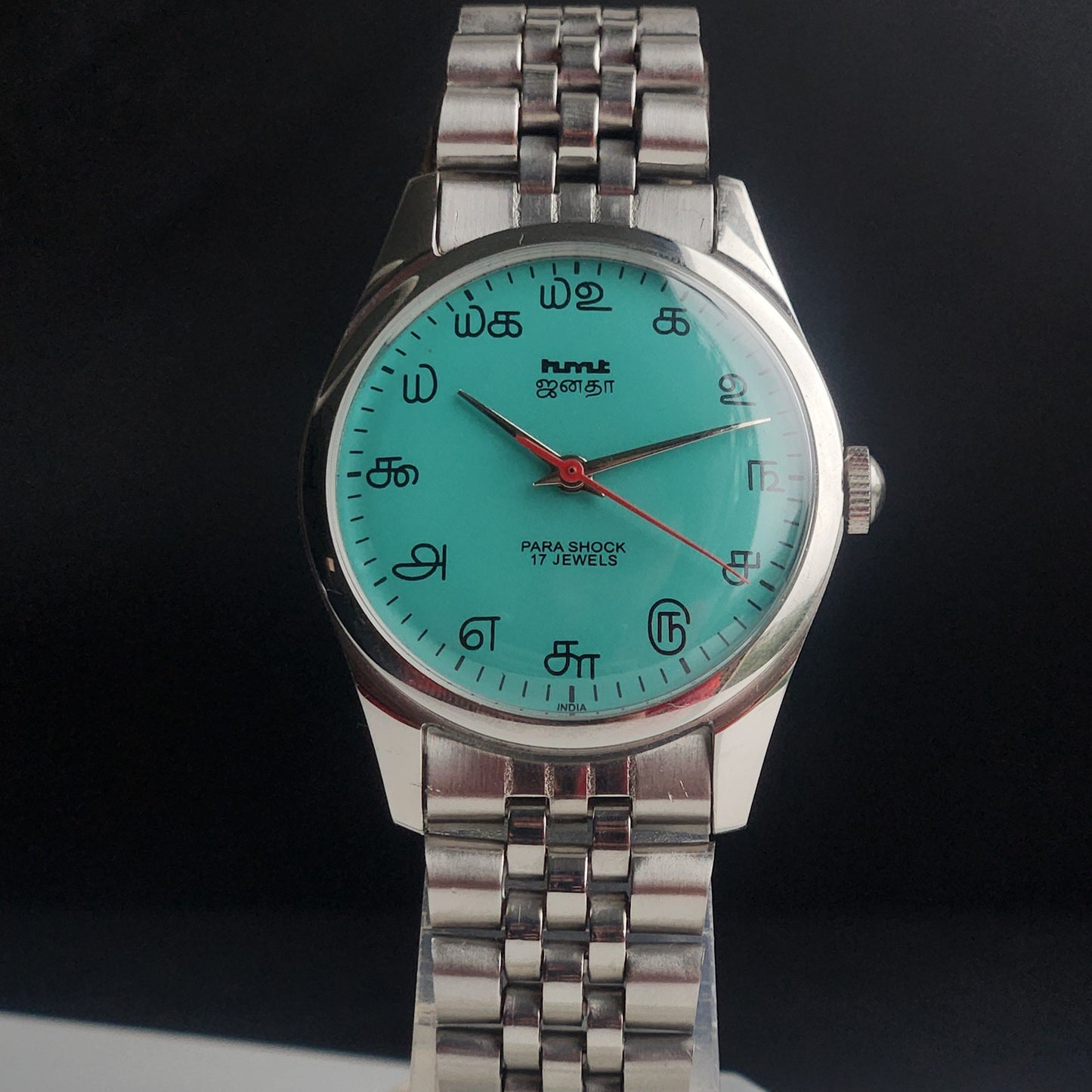 Vintage MOD HMT Janata Tamil Hand Winding 17 Jewels Sea Green 35mm Silver Case With Bracelet Men's Wrist Watch I85