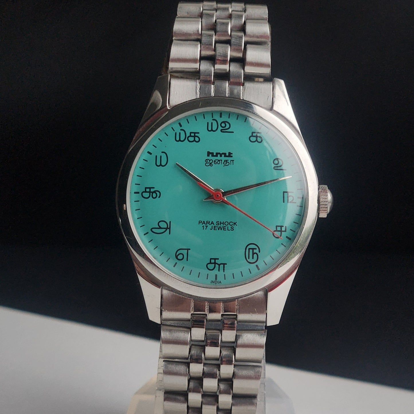 Vintage MOD HMT Janata Tamil Hand Winding 17 Jewels Sea Green 35mm Silver Case With Bracelet Men's Wrist Watch I85