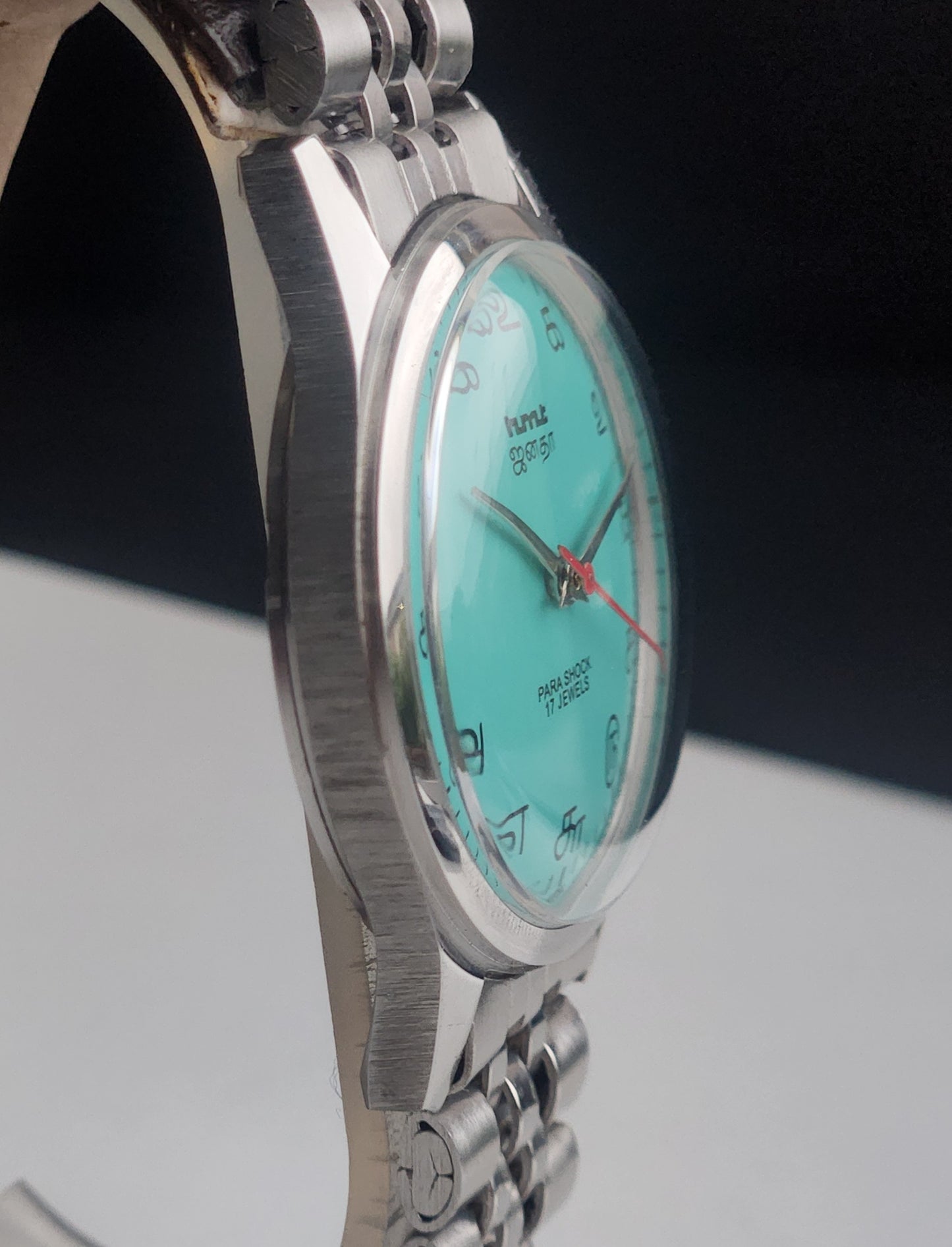Vintage MOD HMT Janata Tamil Hand Winding 17 Jewels Sea Green 35mm Silver Case With Bracelet Men's Wrist Watch I85