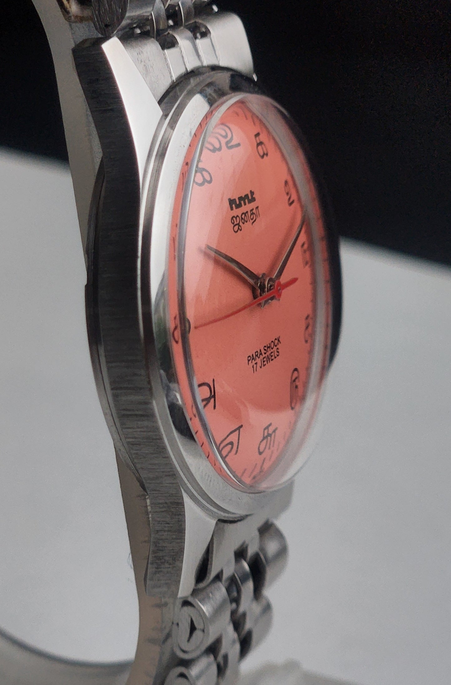 Vintage MOD HMT Janata Tamil Hand Winding 17 Jewels Peach Face 35mm Silver Case With Bracelet Men's Wrist Watch I84