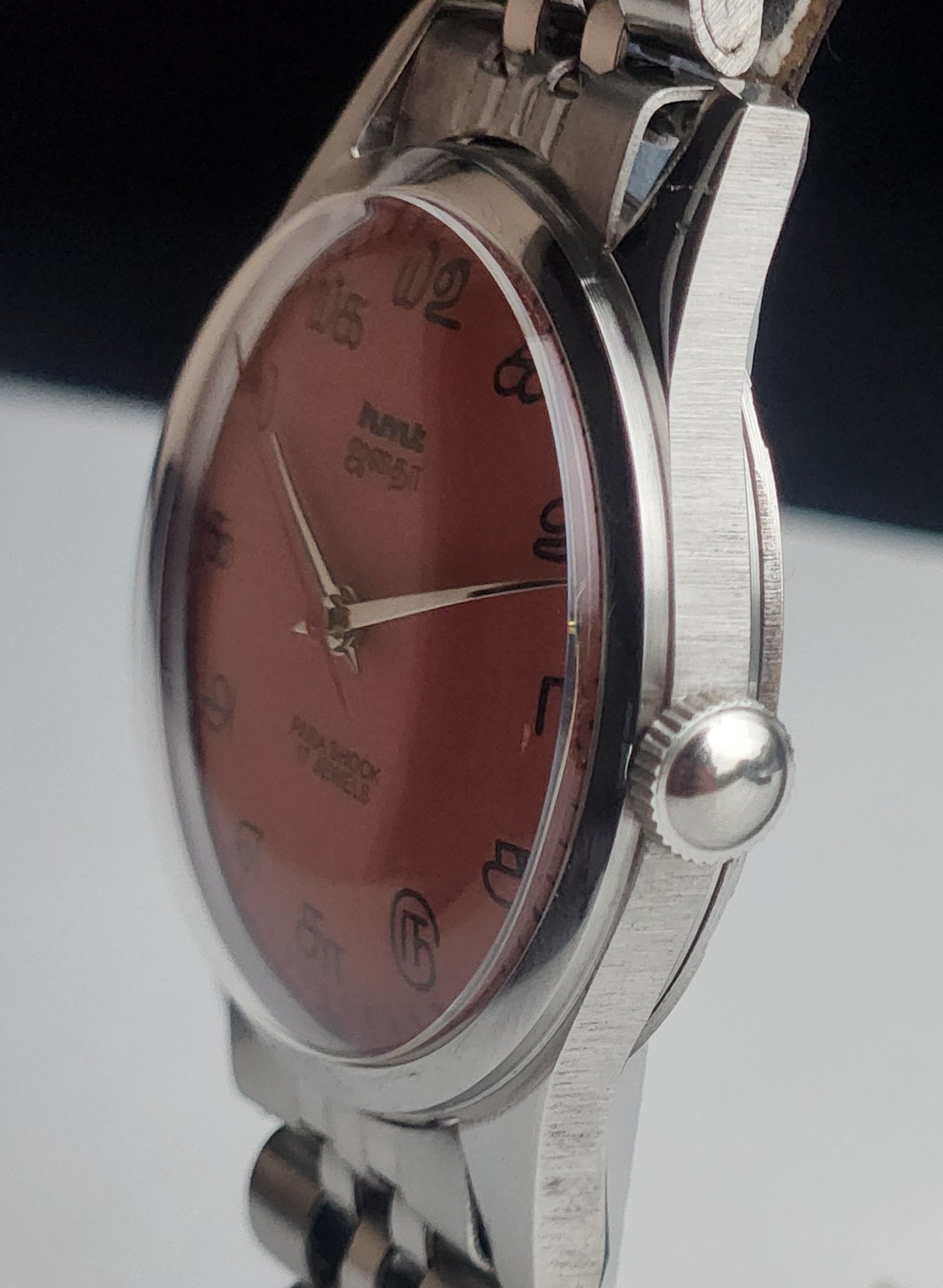 Vintage MOD HMT Janata Tamil Hand Winding 17 Jewels Peach Face 35mm Silver Case With Bracelet Men's Wrist Watch I84