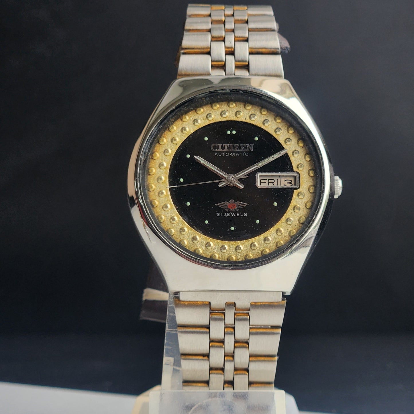Vintage Original Citizen Automatic 8200 Black Face 21 Jewels With Exhibition Back Day-Date Japanese Men's Wrist Watch IN31