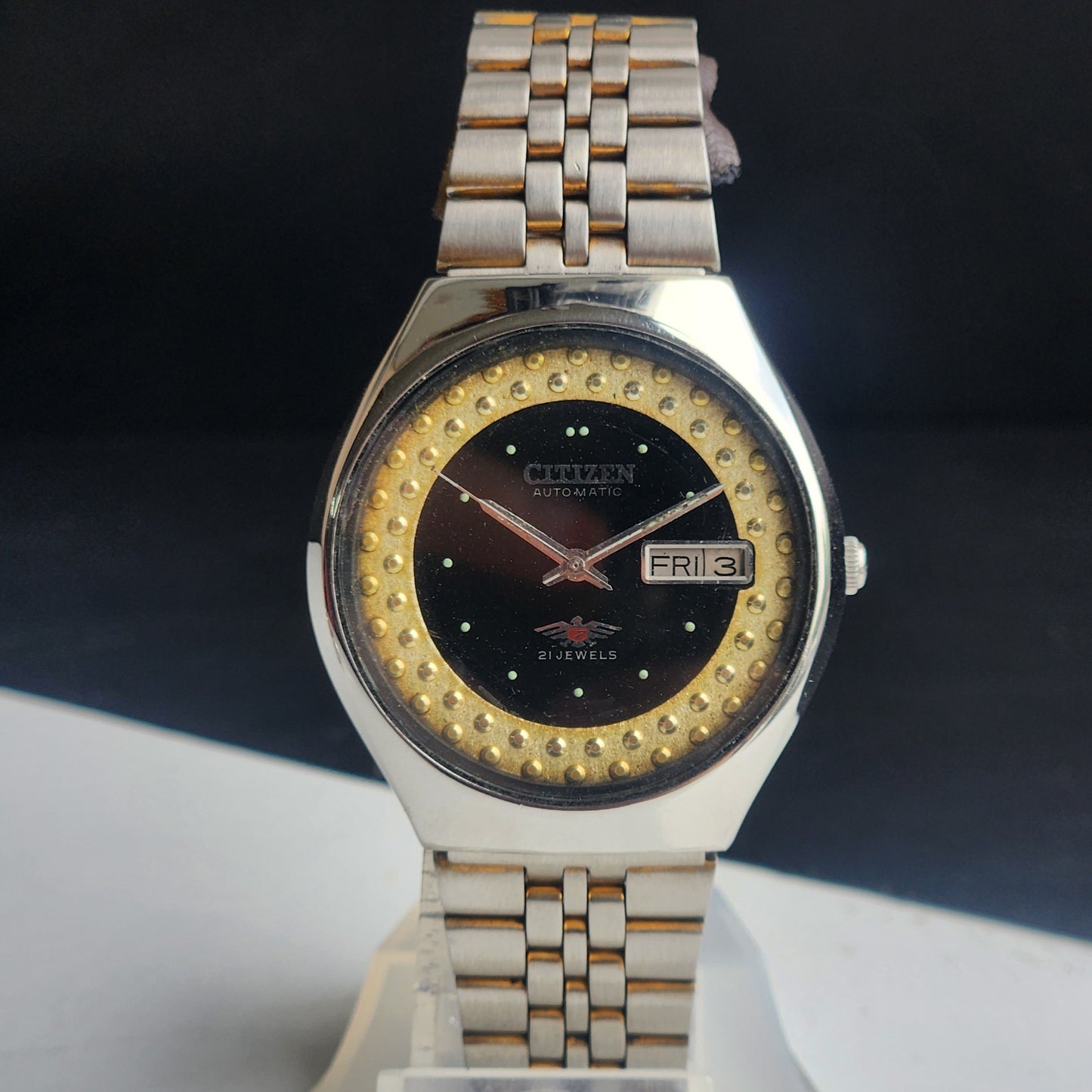 Vintage Original Citizen Automatic 8200 Black Face 21 Jewels With Exhibition Back Day-Date Japanese Men's Wrist Watch IN31