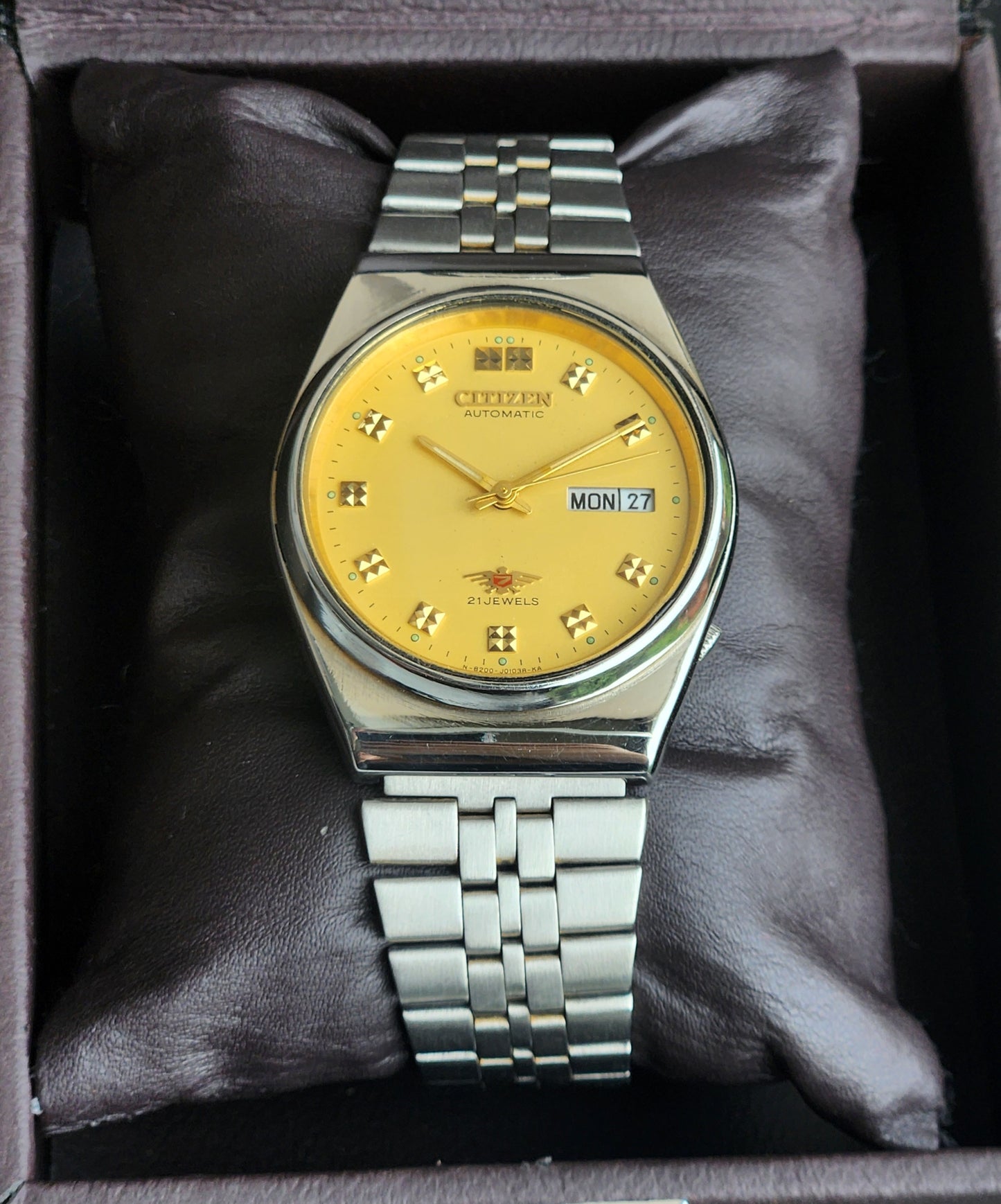 Vintage Original Citizen Automatic 8200 Golden Face 21 Jewels With Exhibition Back Day-Date Japanese Men's Wrist Watch IN34