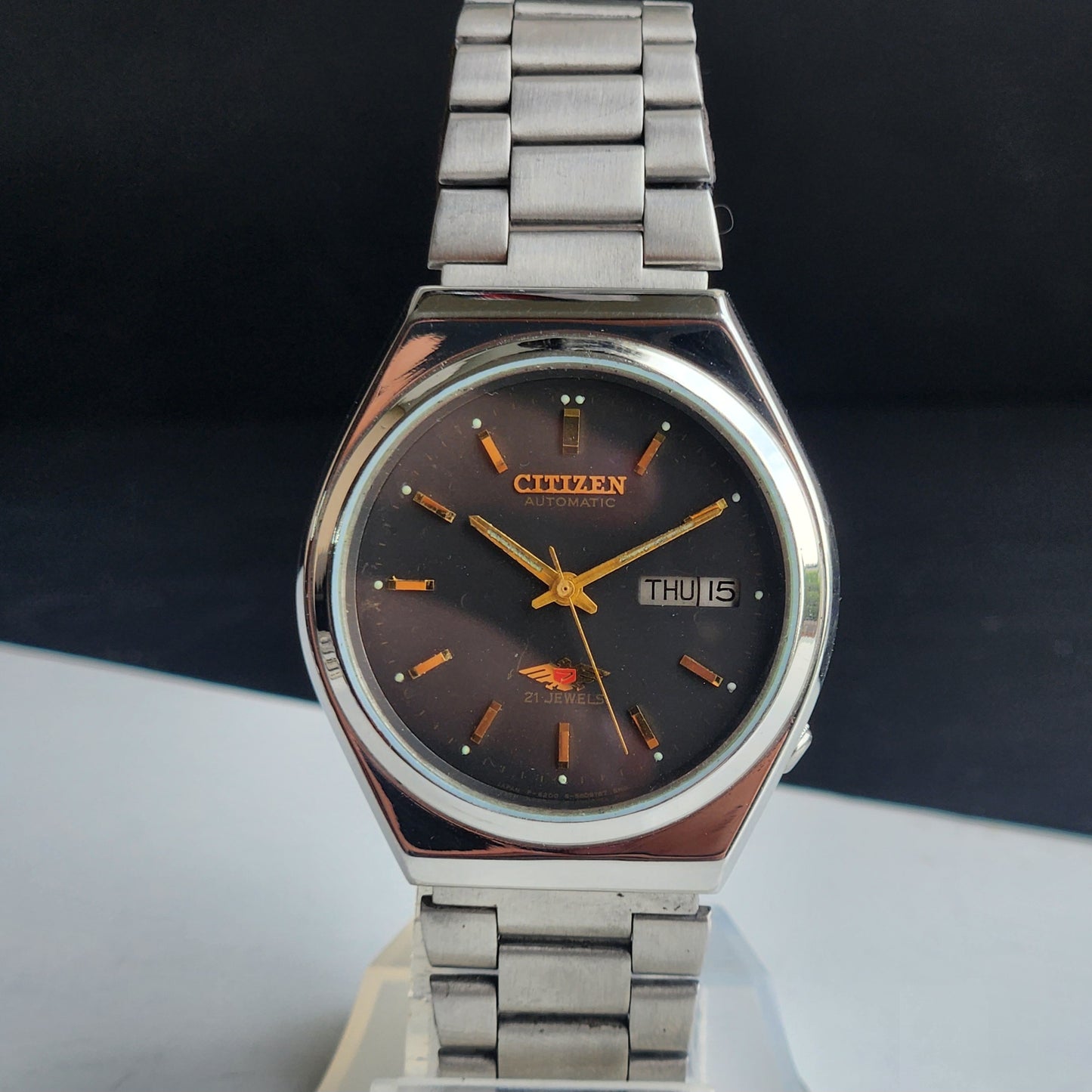 Vintage Original Citizen Automatic 8200 Black Face 21 Jewels With Exhibition Back Day-Date Japanese Men's Wrist Watch IN36
