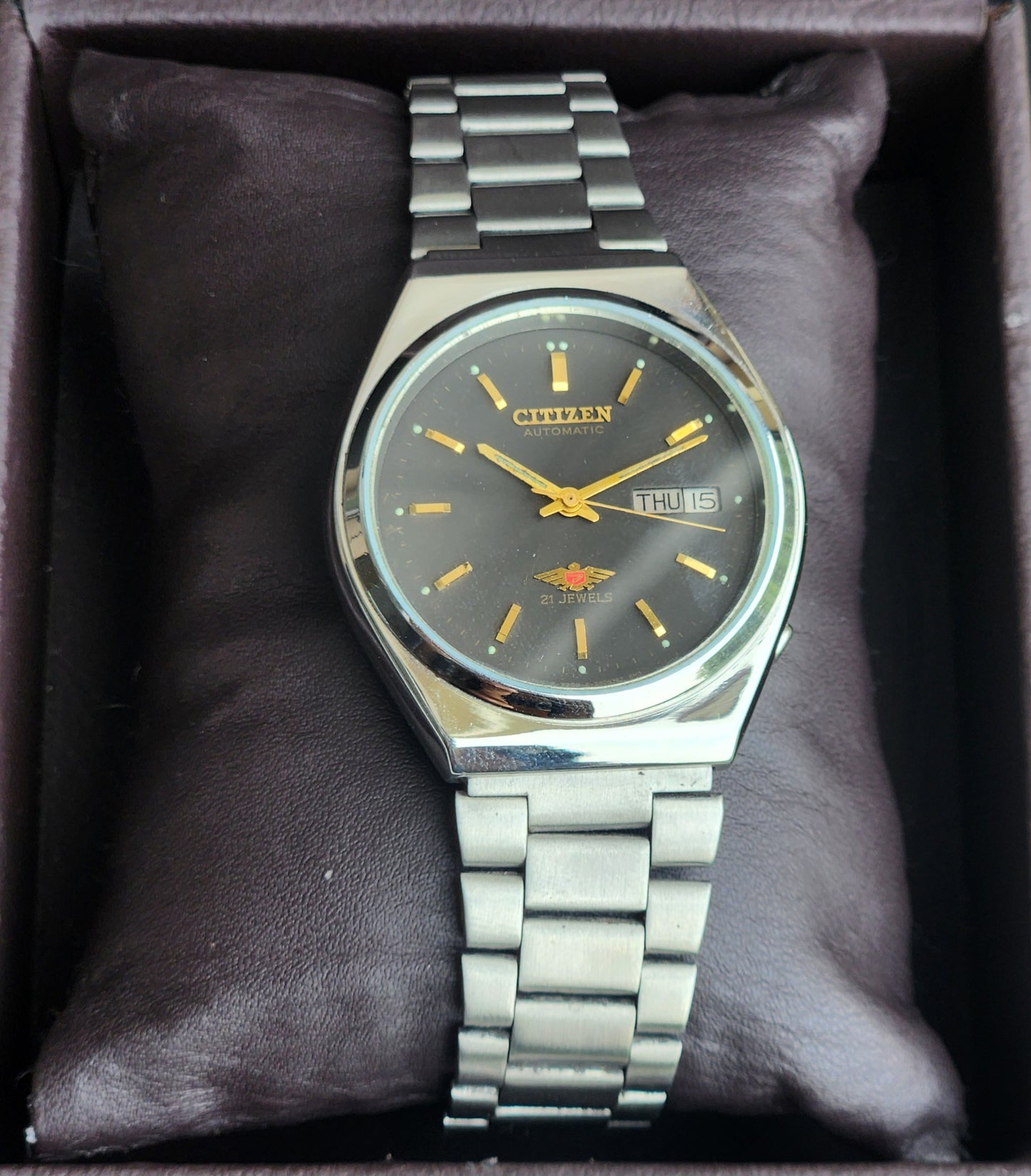 Vintage Original Citizen Automatic 8200 Black Face 21 Jewels With Exhibition Back Day-Date Japanese Men's Wrist Watch IN36