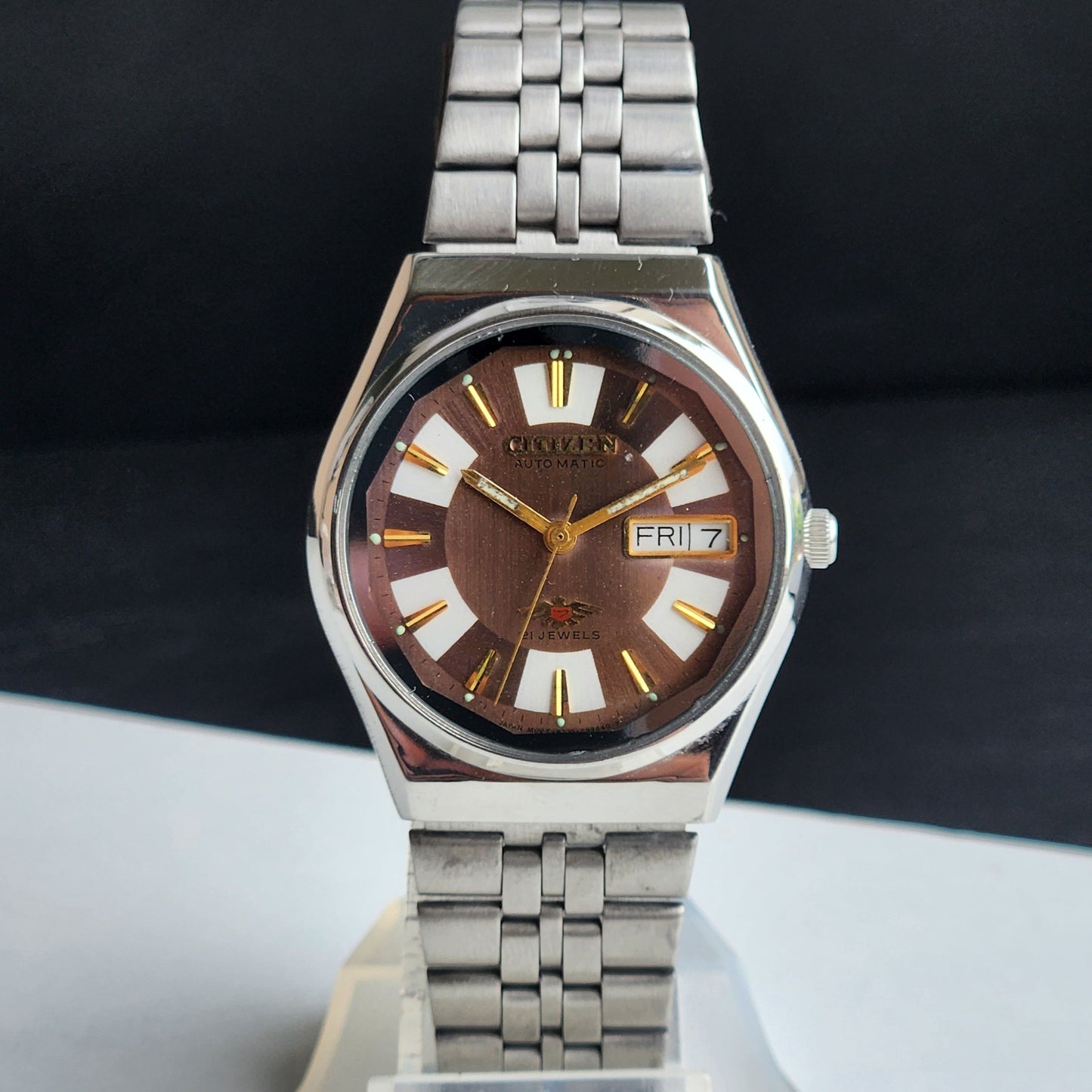 Vintage Original Citizen Automatic 8200 Brown Face 21 Jewels With Exhibition Back Day-Date Japanese Men's Wrist Watch IN43