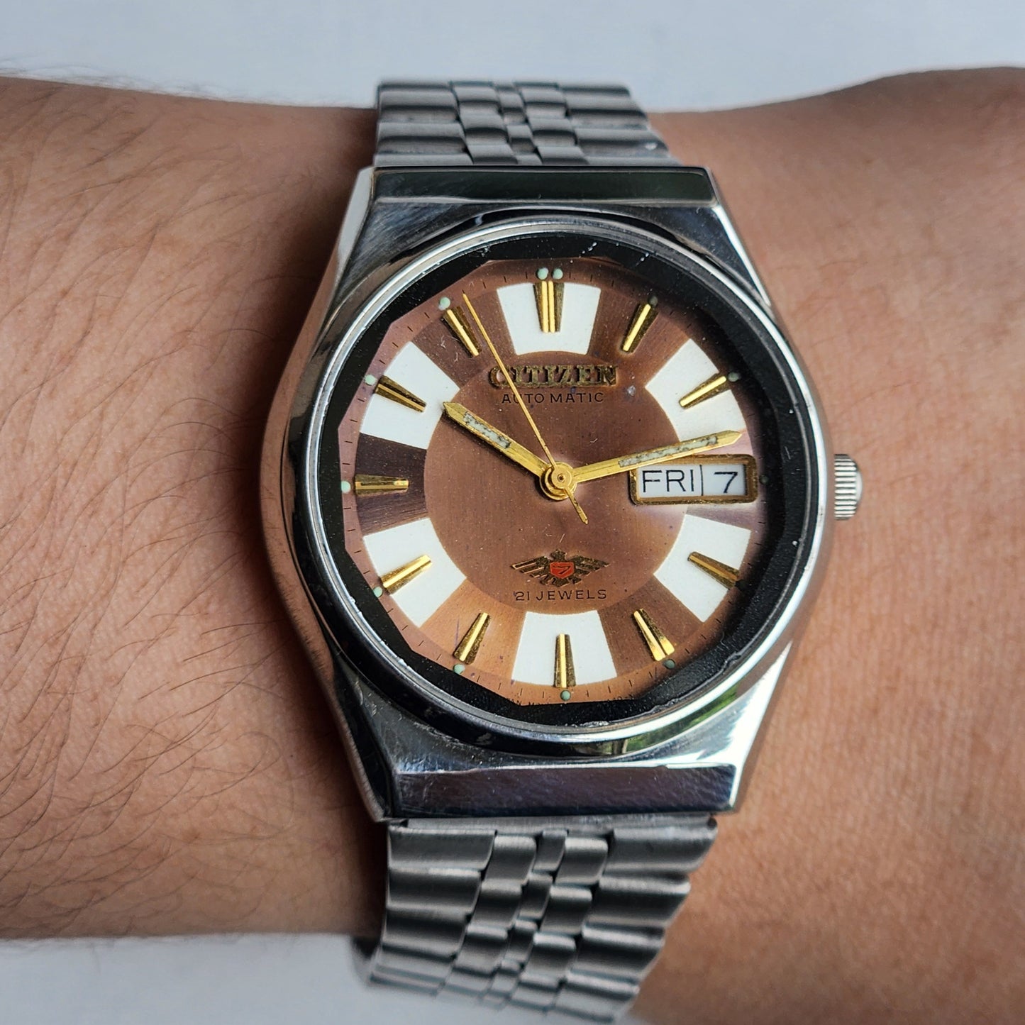 Vintage Original Citizen Automatic 8200 Brown Face 21 Jewels With Exhibition Back Day-Date Japanese Men's Wrist Watch IN43