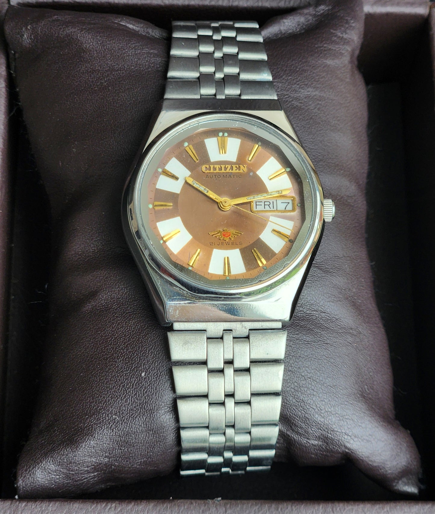 Vintage Original Citizen Automatic 8200 Brown Face 21 Jewels With Exhibition Back Day-Date Japanese Men's Wrist Watch IN43