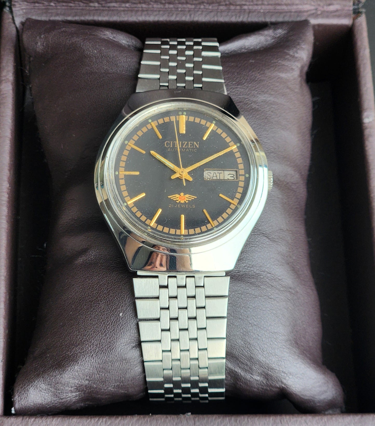 Vintage Original Citizen Automatic 8200 Black Face 21 Jewels With Exhibition Back Day-Date Japanese Men's Wrist Watch IN44