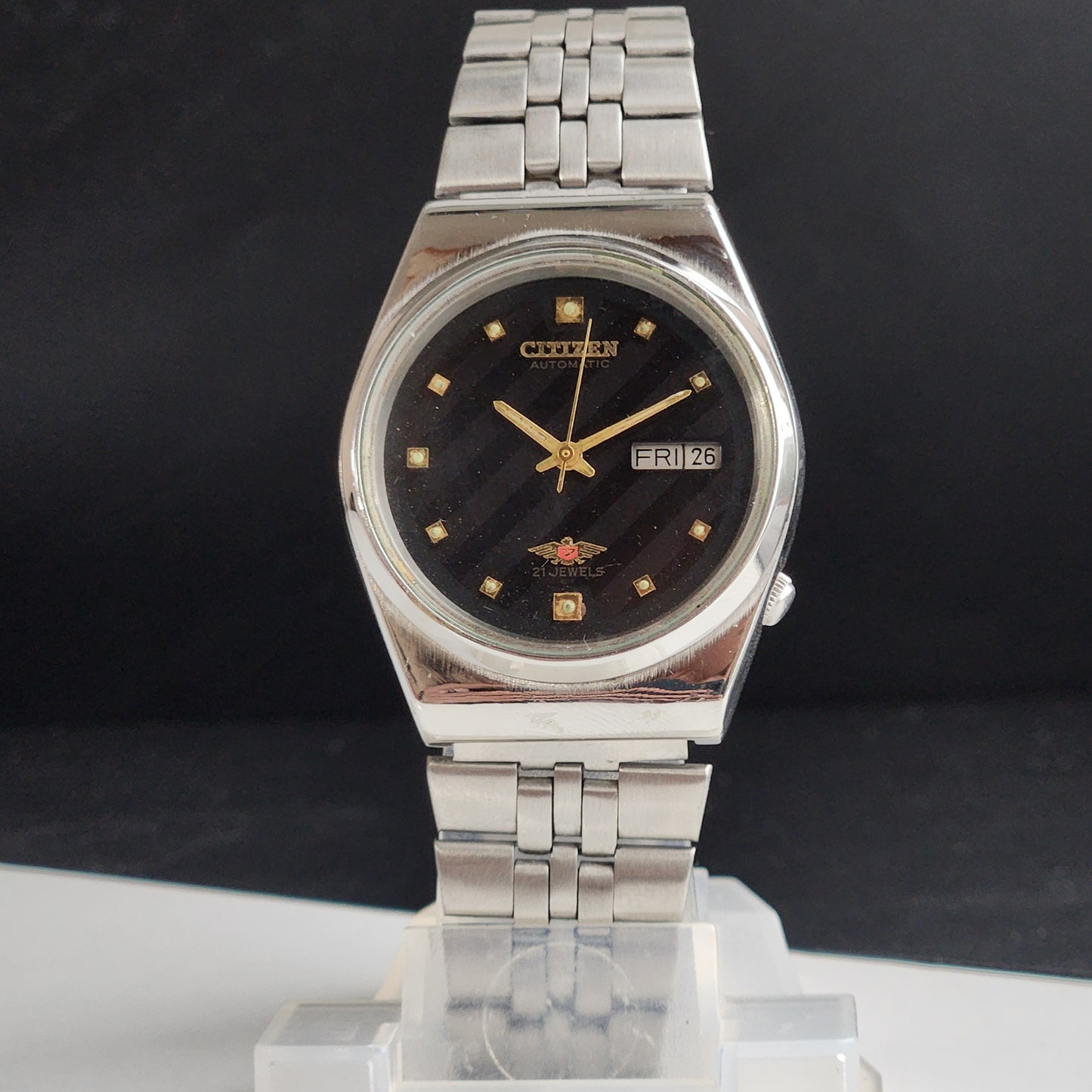 Vintage Original Citizen Automatic 8200 Black Face 21 Jewels With Exhibition Back Day-Date Japanese Men's Wrist Watch IN48