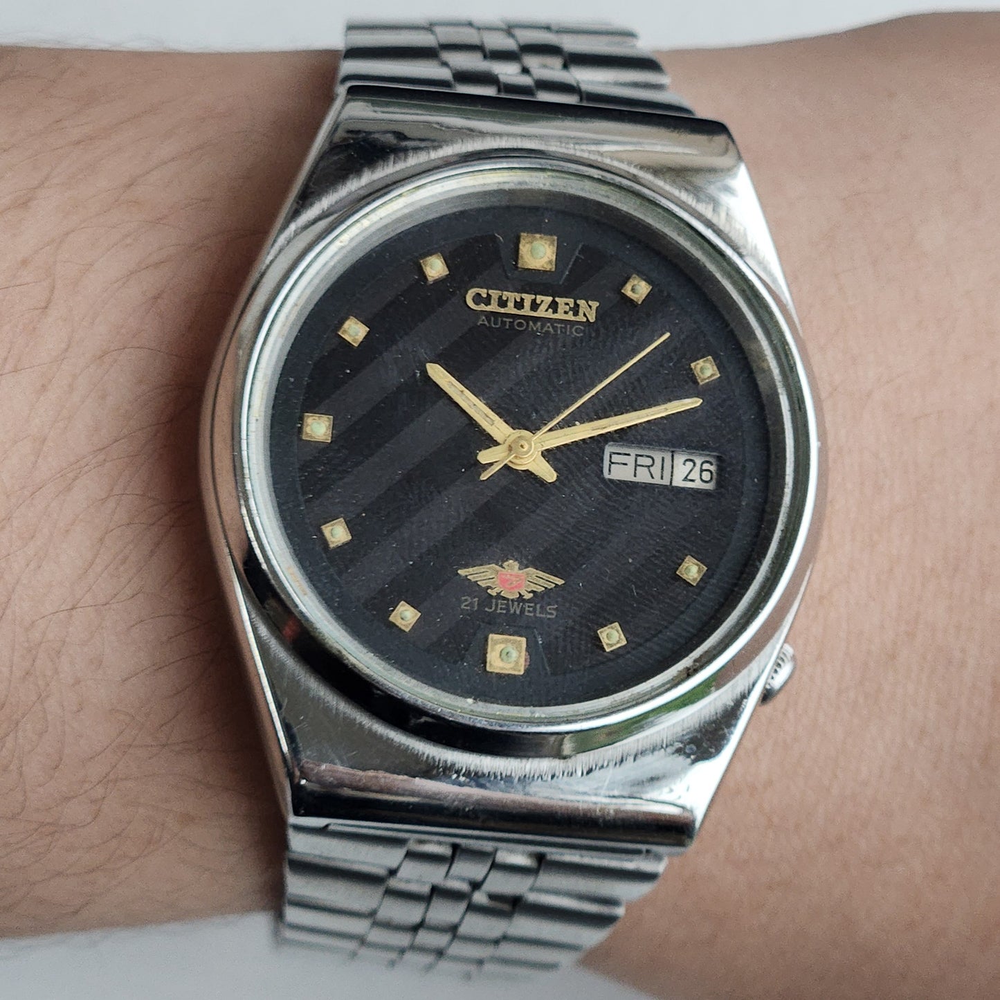 Vintage Original Citizen Automatic 8200 Black Face 21 Jewels With Exhibition Back Day-Date Japanese Men's Wrist Watch IN48