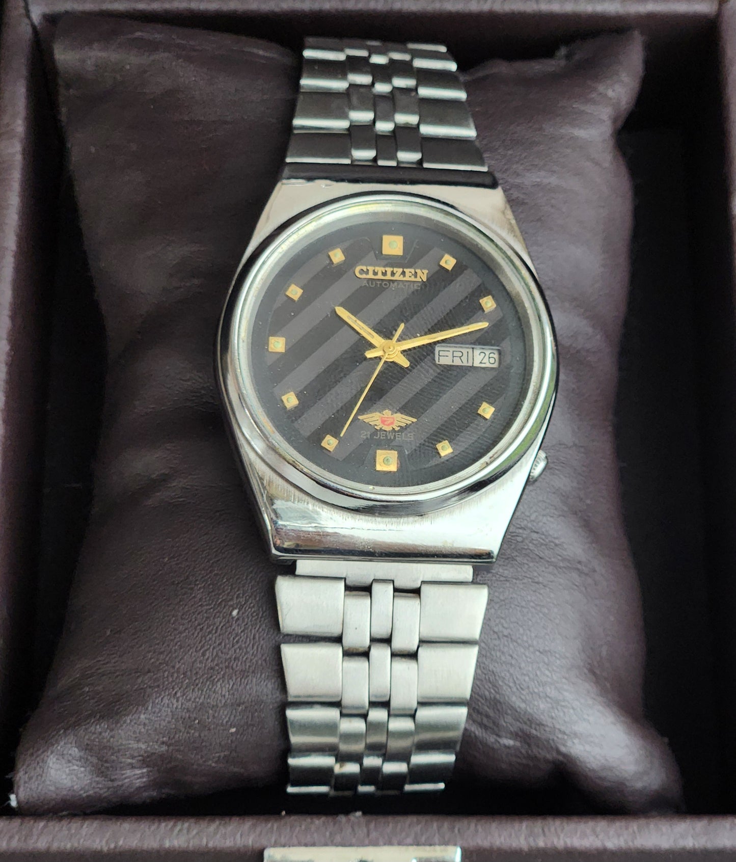 Vintage Original Citizen Automatic 8200 Black Face 21 Jewels With Exhibition Back Day-Date Japanese Men's Wrist Watch IN48