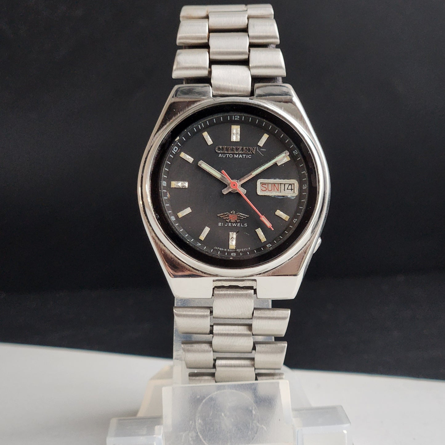 Vintage Original Citizen Automatic 8200 Black Face 21 Jewels With Exhibition Back Day-Date Japanese Men's Wrist Watch IN49
