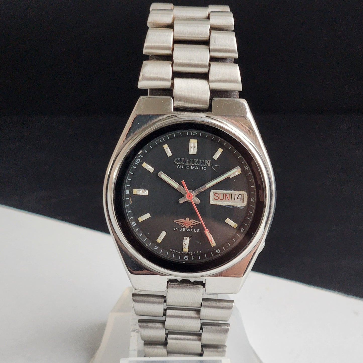 Vintage Original Citizen Automatic 8200 Black Face 21 Jewels With Exhibition Back Day-Date Japanese Men's Wrist Watch IN49