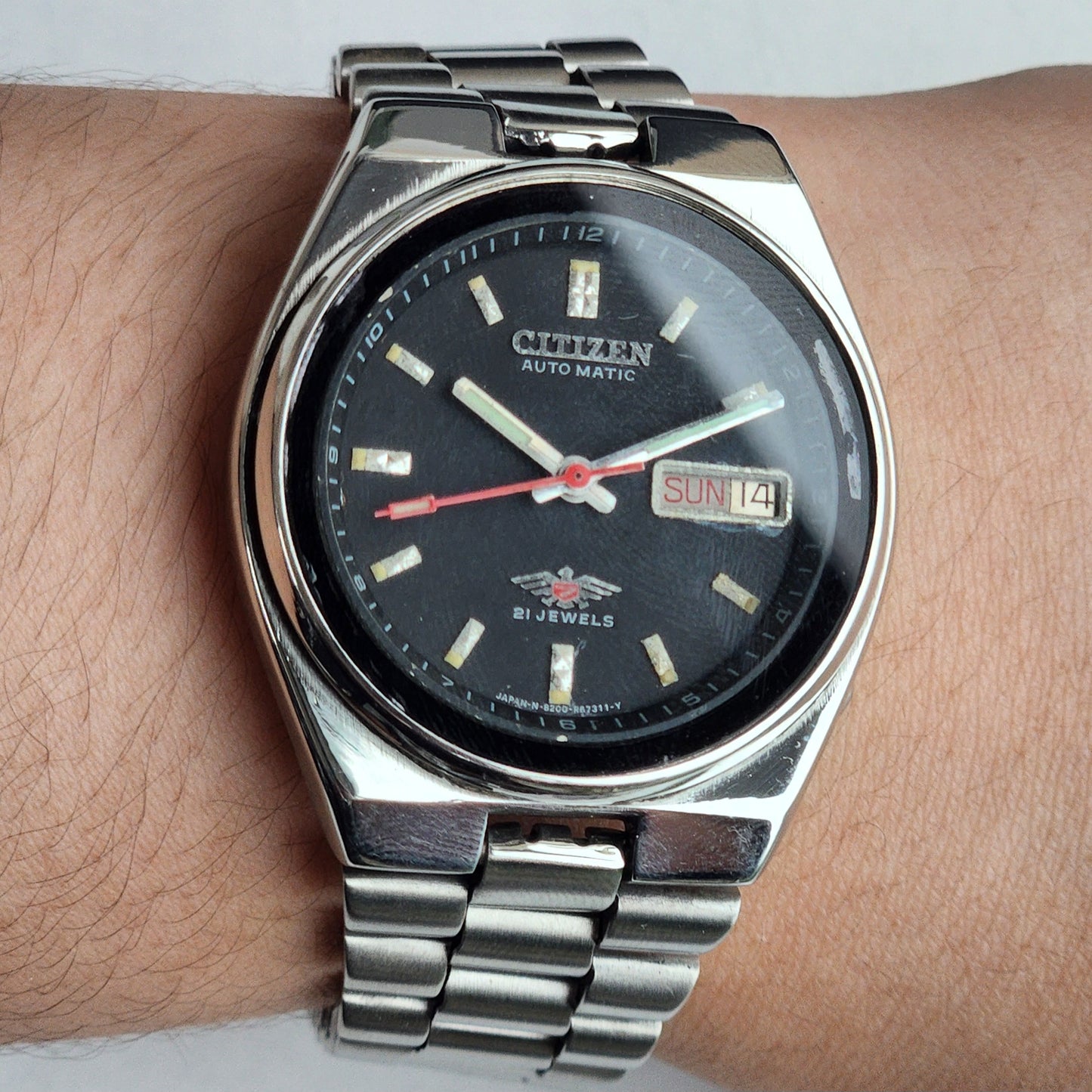 Vintage Original Citizen Automatic 8200 Black Face 21 Jewels With Exhibition Back Day-Date Japanese Men's Wrist Watch IN49