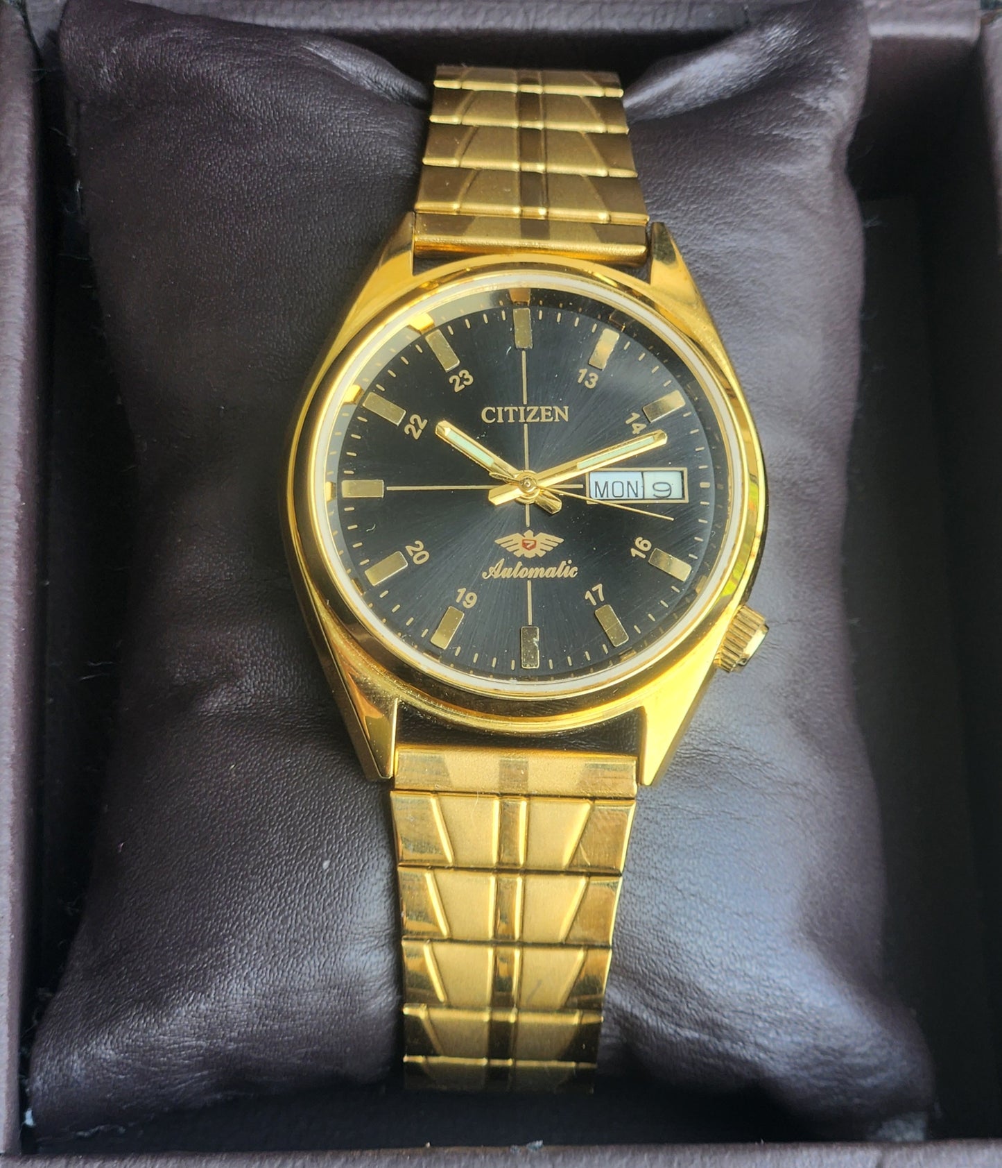 Vintage MOD Citizen Black Face Automatic 21 Jewels Cal. 8200 37MM Gold Plated Men's Wrist Watch I88