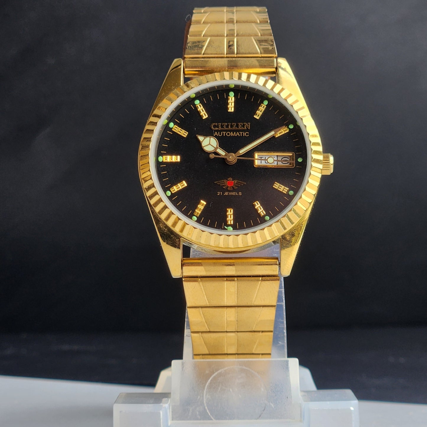 Vintage MOD Citizen Black Face Automatic 21 Jewels Cal. 8200 35MM Fix Bezel Gold Plated Men's Wrist Watch I89