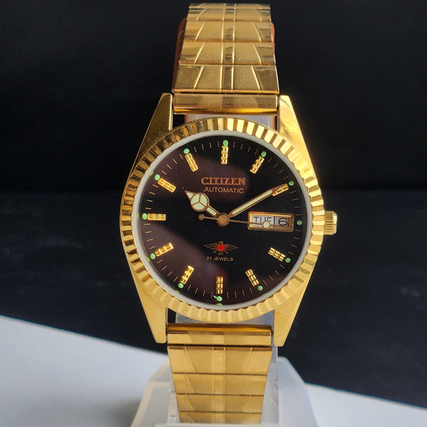 Vintage MOD Citizen Black Face Automatic 21 Jewels Cal. 8200 35MM Fix Bezel Gold Plated Men's Wrist Watch I89
