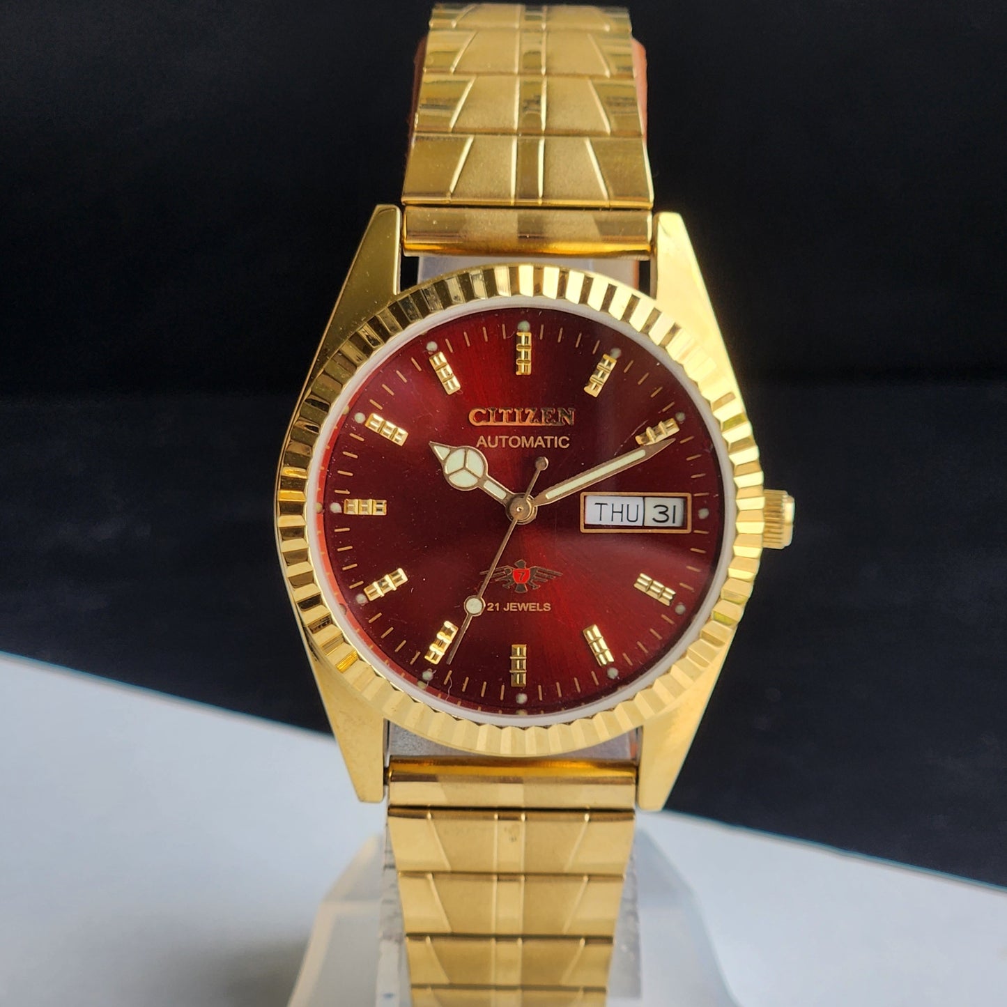Vintage MOD Citizen Red Face Automatic 21 Jewels Cal. 8200 35mm Fix Bezel Gold Plated Men's Wrist Watch I87