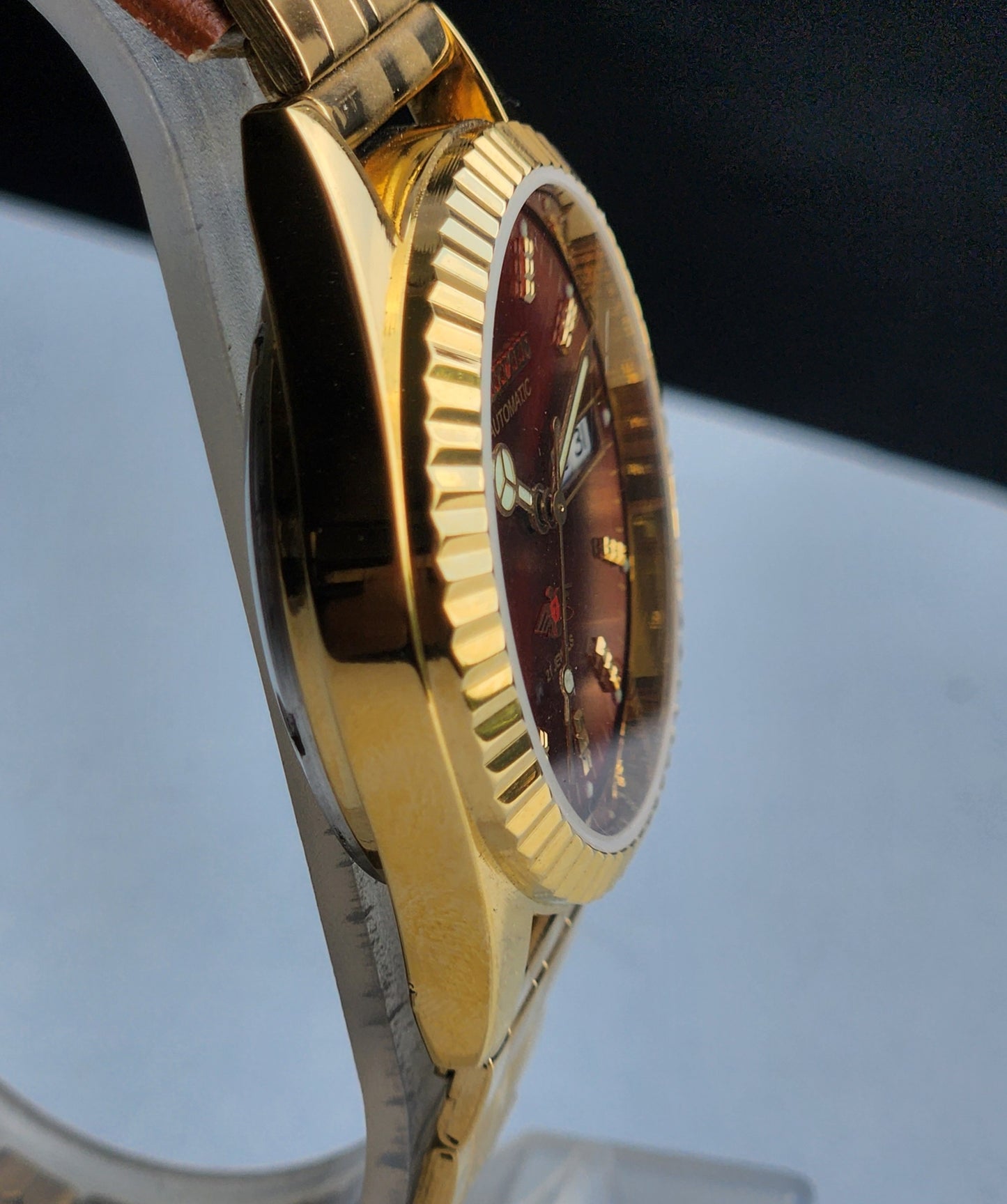 Vintage MOD Citizen Red Face Automatic 21 Jewels Cal. 8200 35mm Fix Bezel Gold Plated Men's Wrist Watch I87