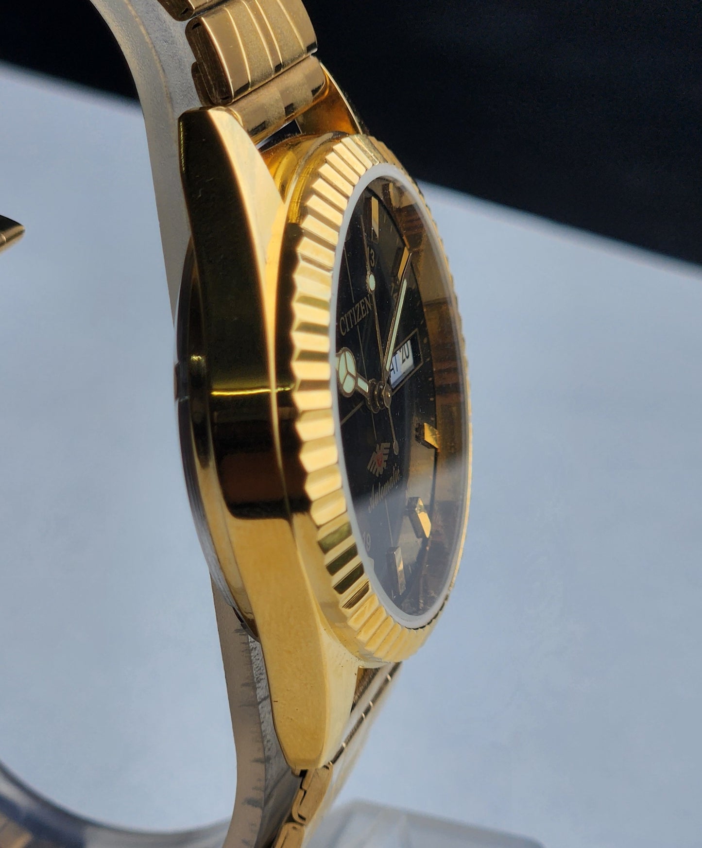 Vintage MOD Citizen Black Face Automatic 21 Jewels Cal. 8200 35mm Fix Bezel Gold Plated Men's Wrist Watch I86