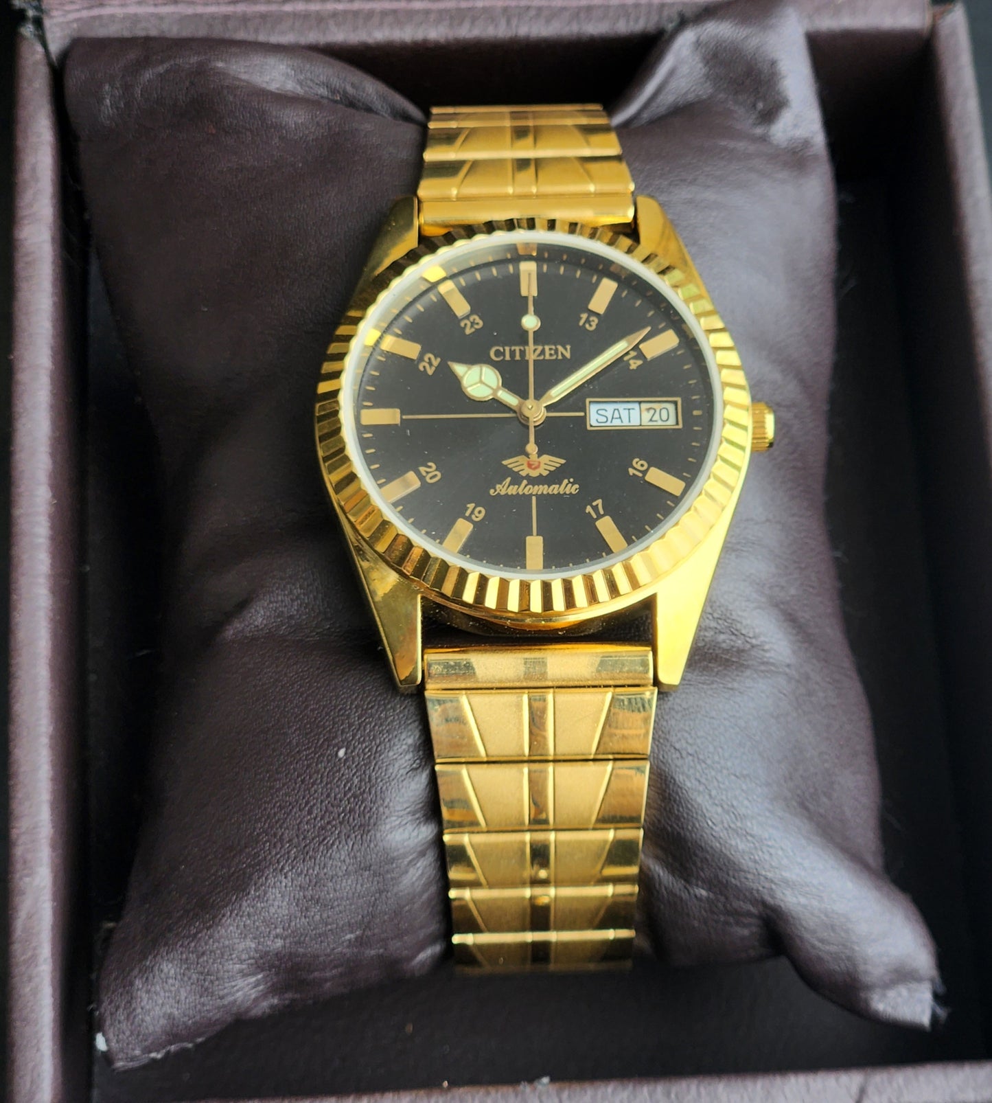 Vintage MOD Citizen Black Face Automatic 21 Jewels Cal. 8200 35mm Fix Bezel Gold Plated Men's Wrist Watch I86