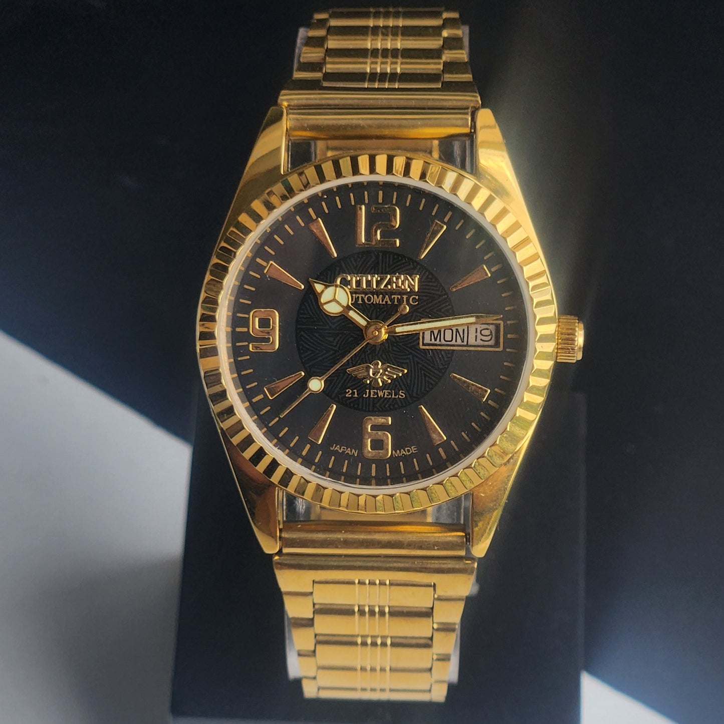 Vintage MOD Citizen Black Face Automatic 21 Jewels Cal. 8200 35MM Fix Bezel Gold Plated Men's Wrist Watch I92