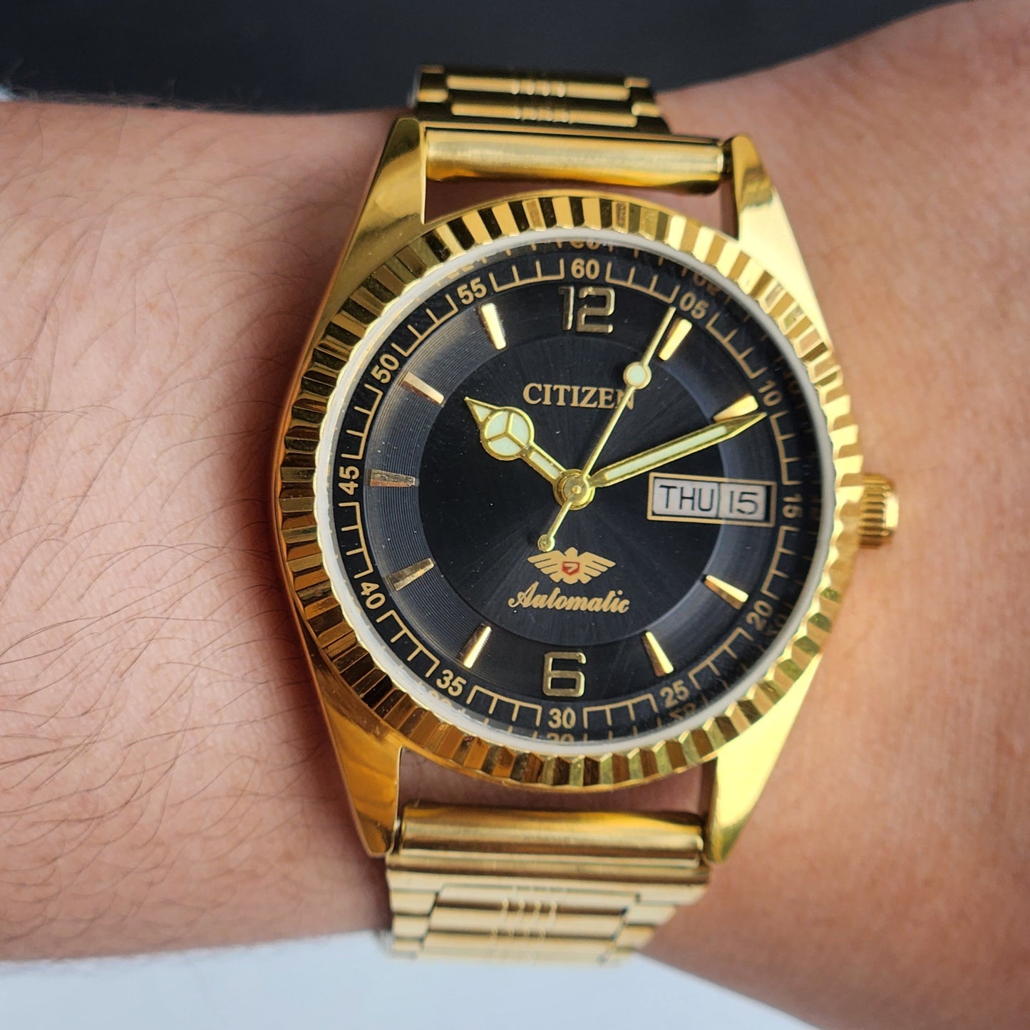 Vintage MOD Citizen Black Face Automatic 21 Jewels Cal. 8200 35MM Fix Bezel Gold Plated Men's Wrist Watch I96