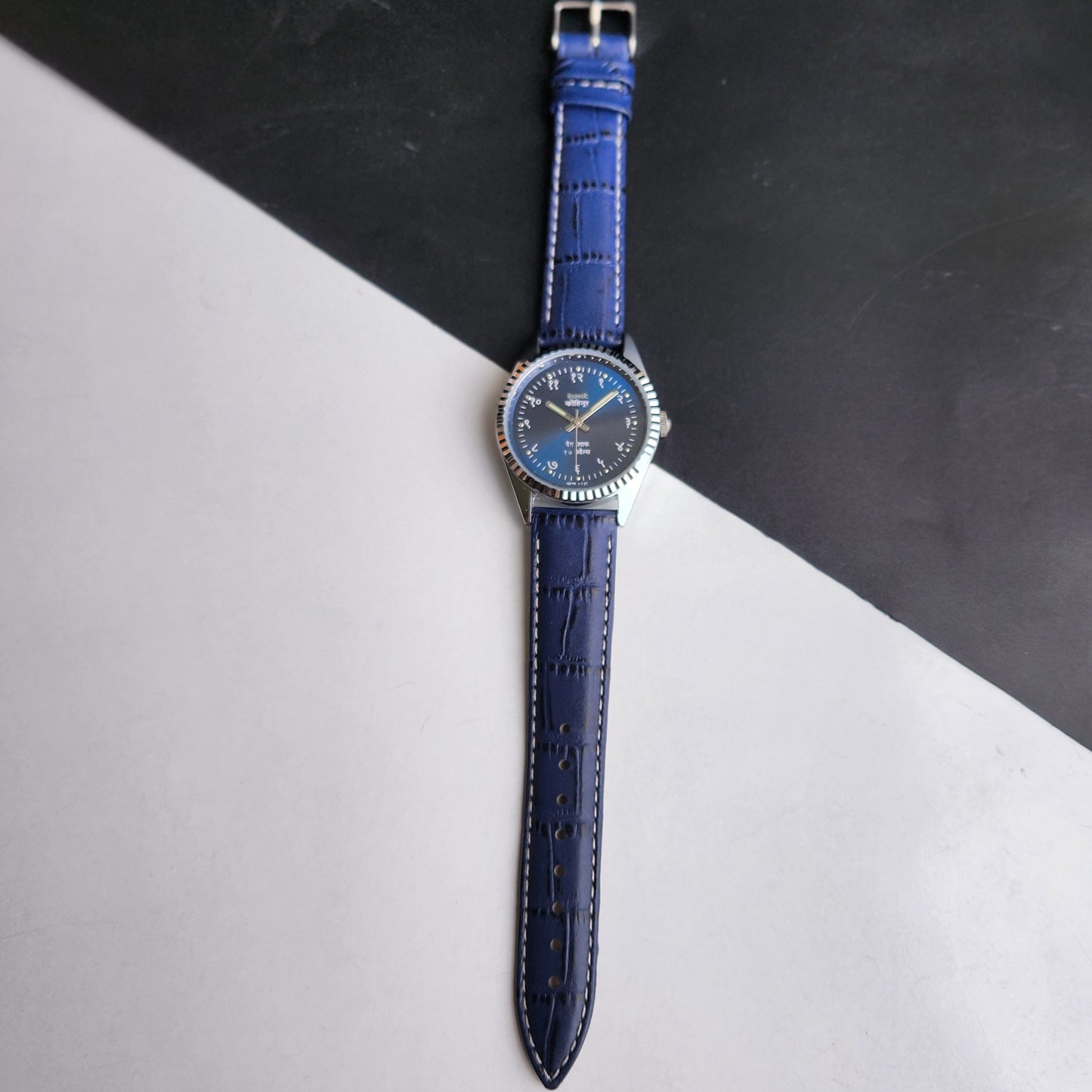 Vintage Mod HMT Kohinoor Devanagari Hand Winding 17 Jewels Blue Face Fluted Bezel Blue Croco Leather Strap Men's Wrist Watch J03